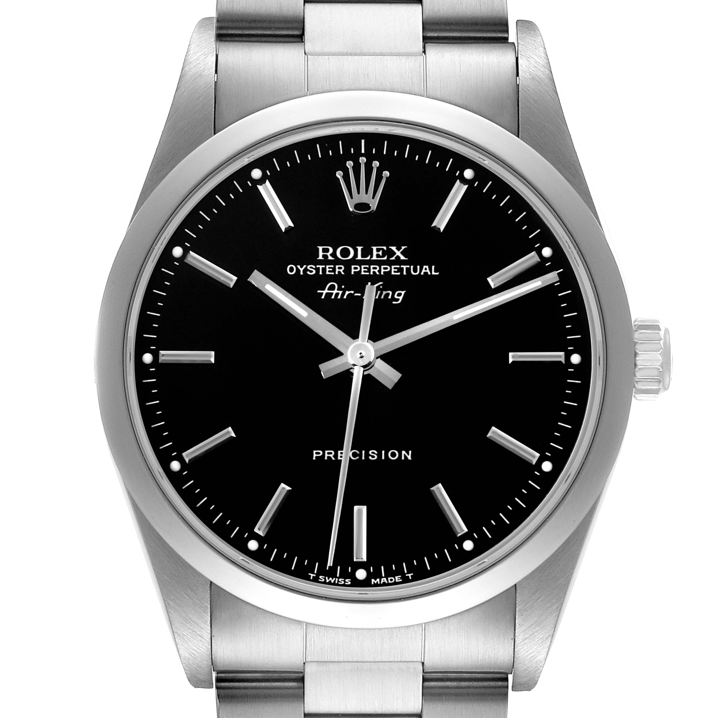 The image shows a front view of the Rolex Air-King 14000 Men's Stainless Steel Black Dial 14000 Men's Stainless Steel Black Dial watch, featuring the dial, hands, crown, and part of the bracelet.