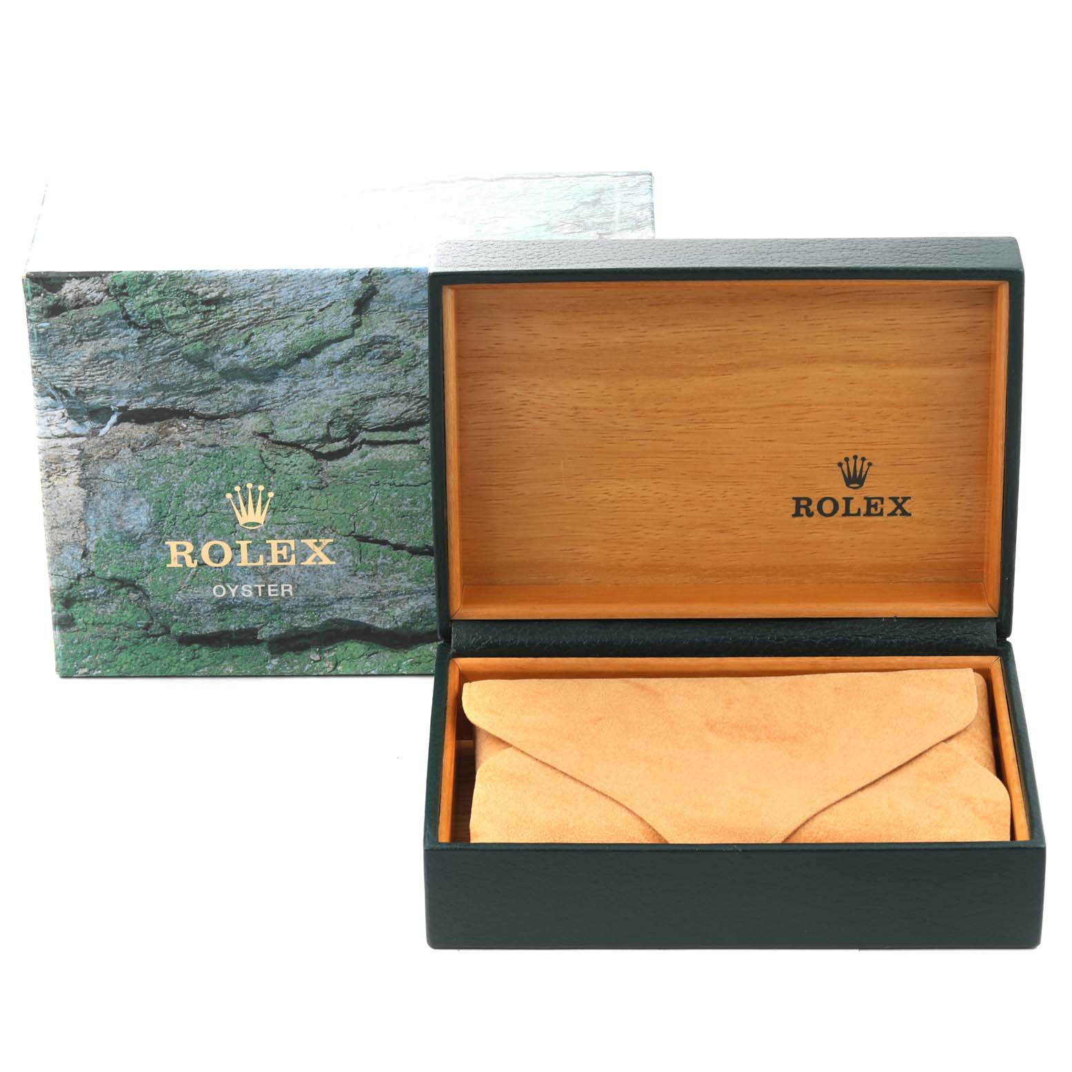 The image shows the open presentation box for the Rolex Air-King 14000 Men's Stainless Steel Black Dial 14000 Men's Stainless Steel Black Dial, featuring the interior and an envelope-style accessory holder.
