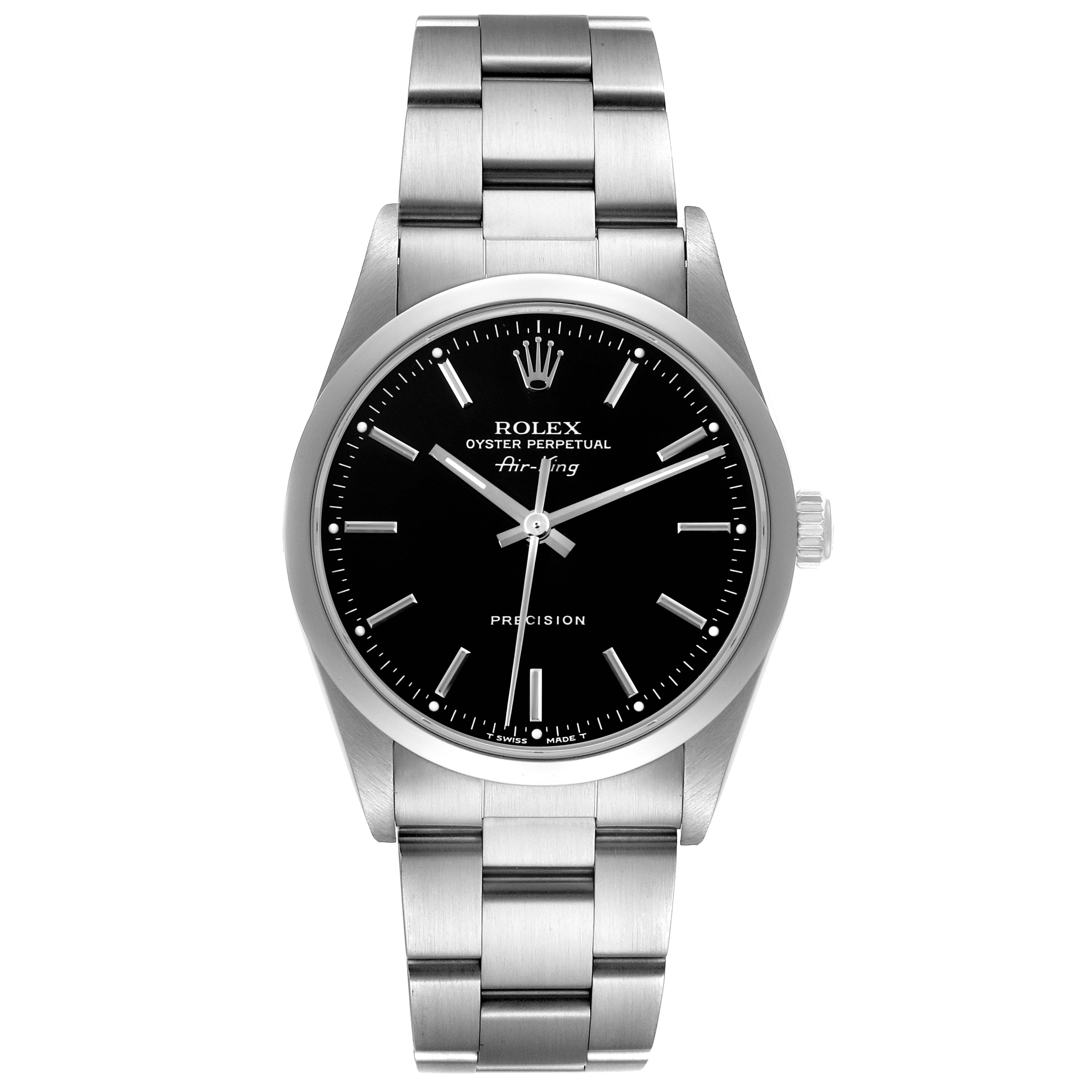 The Rolex Air-King 14000 Men's Stainless Steel Black Dial 14000 Men's Stainless Steel Black Dial watch is shown from a front angle, displaying its black dial, markers, hands, and bracelet.