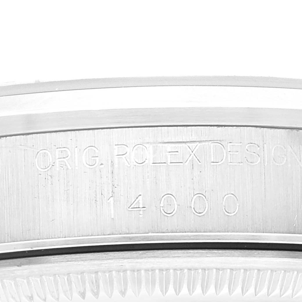 The image shows a close-up view of the engraved case side of a Rolex Air-King 14000 Men's Stainless Steel Black Dial 14000 Men's Stainless Steel Black Dial model.