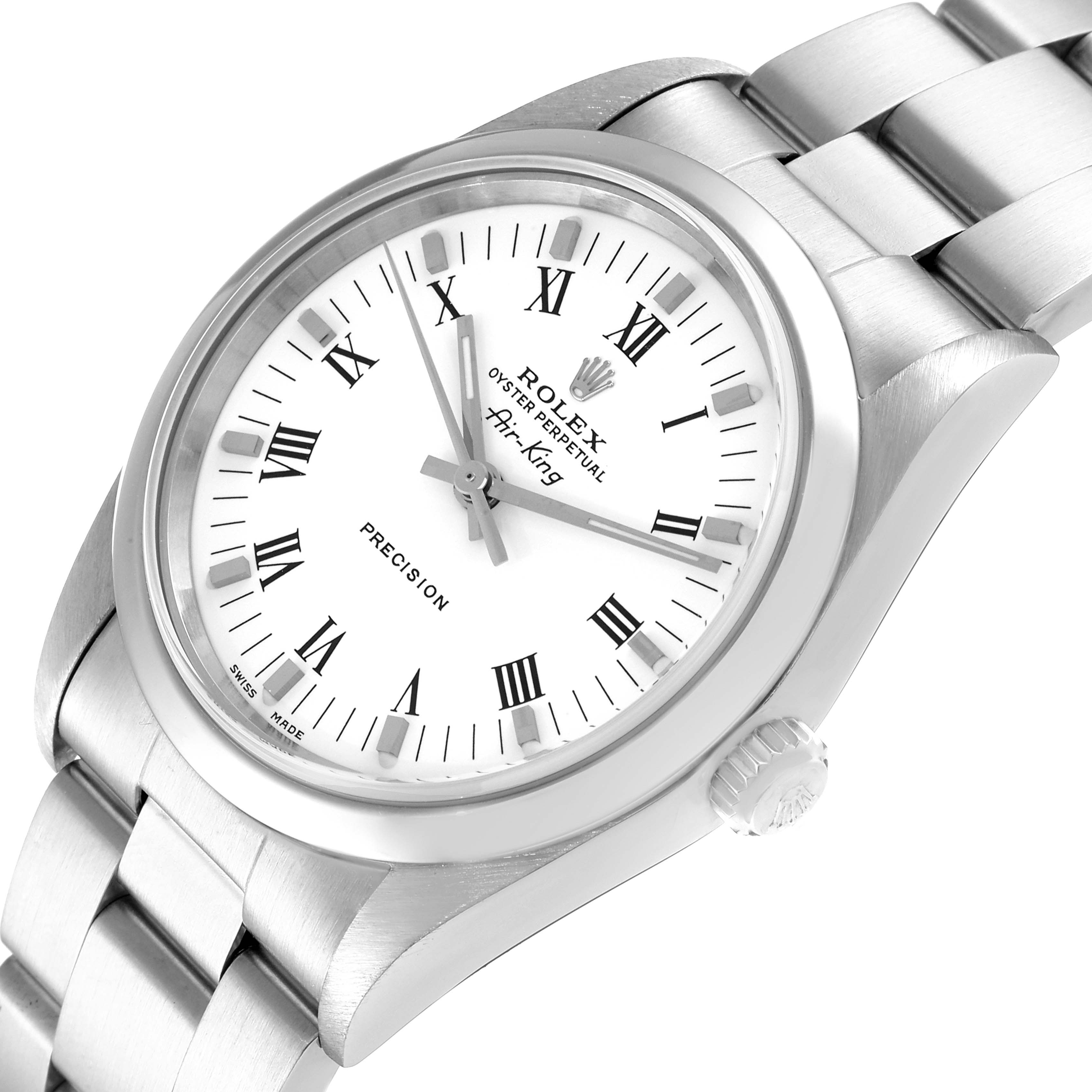 The Rolex Air-King 14000 Men's Stainless Steel White Dial 14000 Men's Stainless Steel White Dial watch is shown at a slight angle, highlighting the dial, bezel, and a portion of the bracelet.
