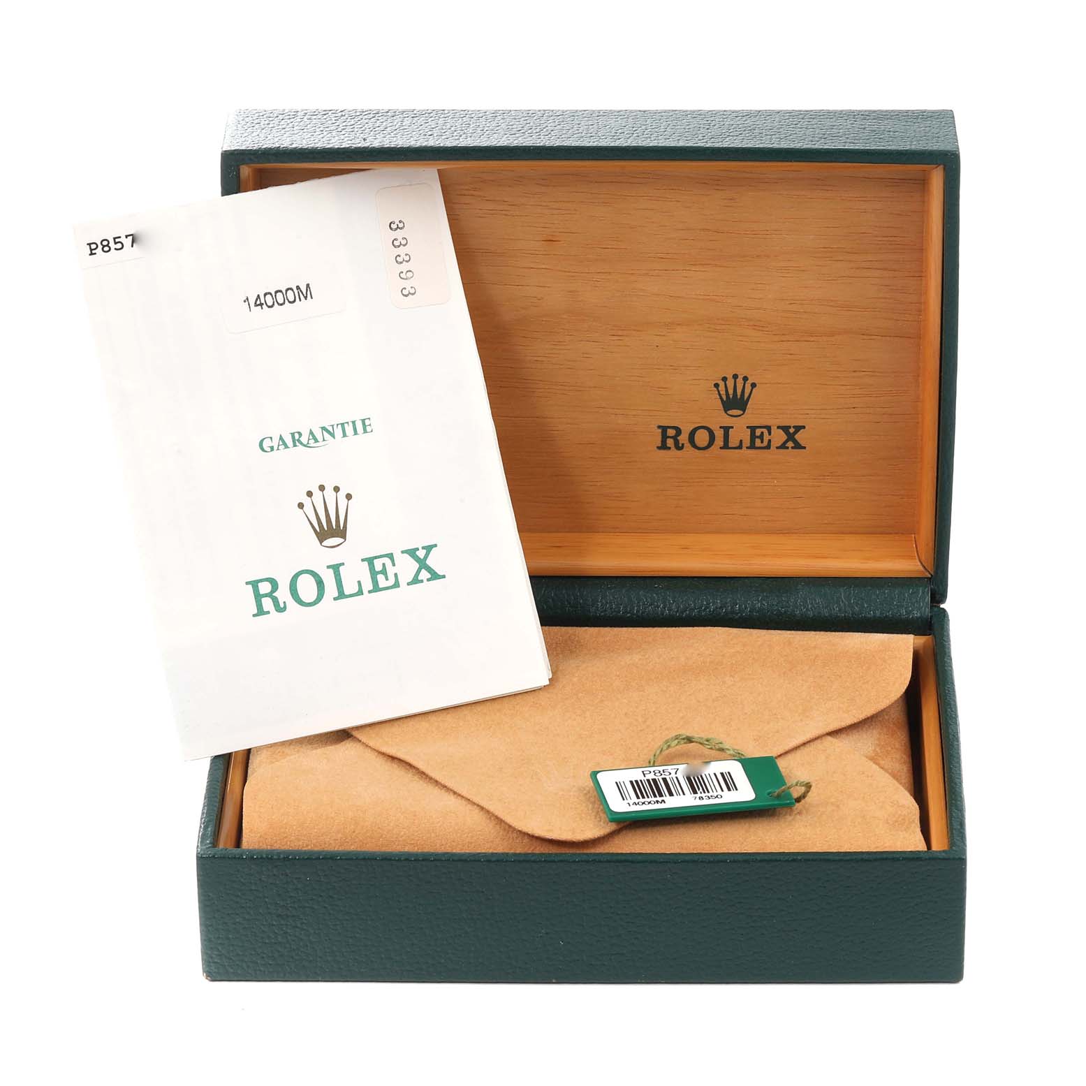 The image shows an open Rolex watch box with an Air-King model warranty card and a tag inside.
