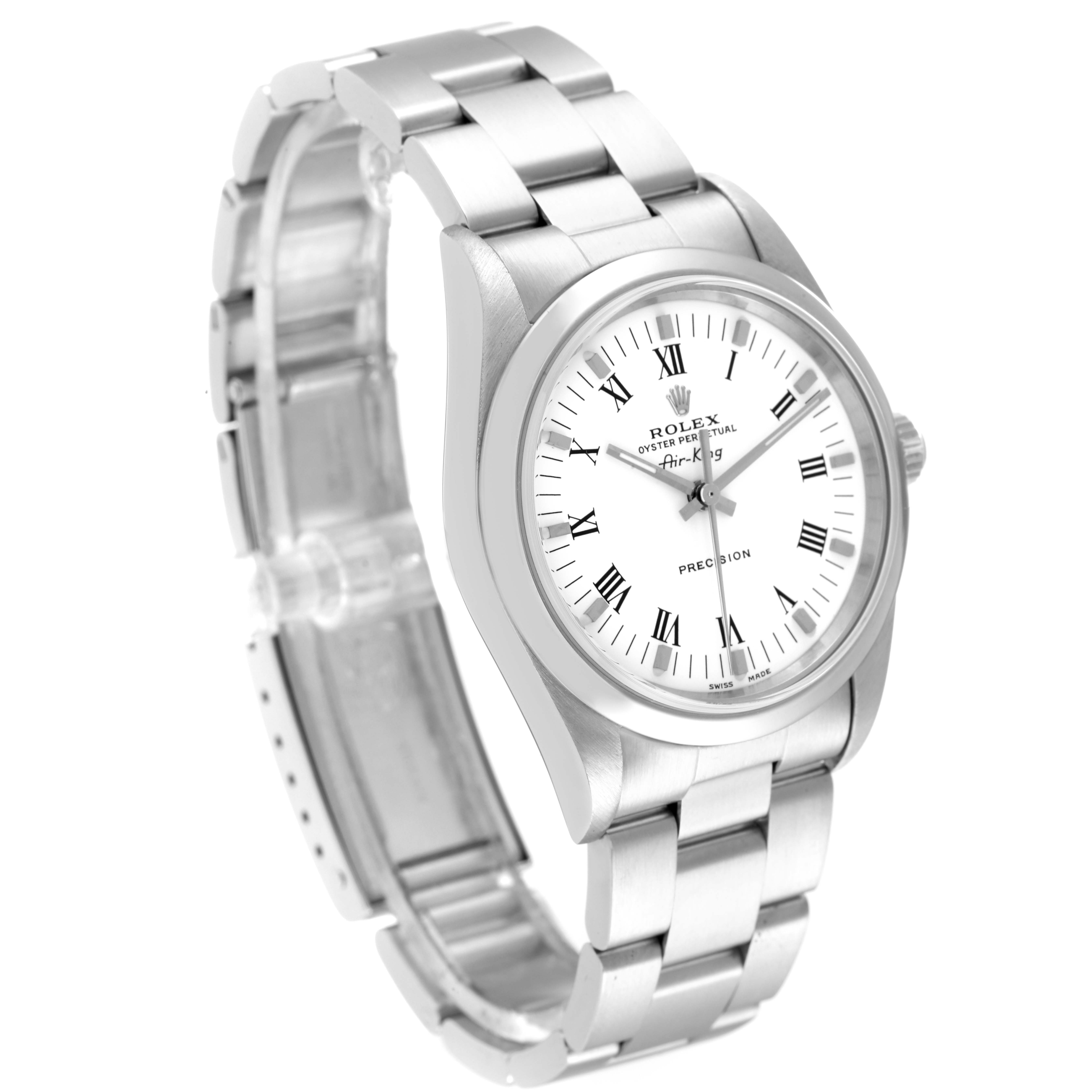 The Rolex Air-King 14000 Men's Stainless Steel White Dial 14000 Men's Stainless Steel White Dial watch is shown at a slight right-side angle, displaying its dial, bezel, and bracelet.