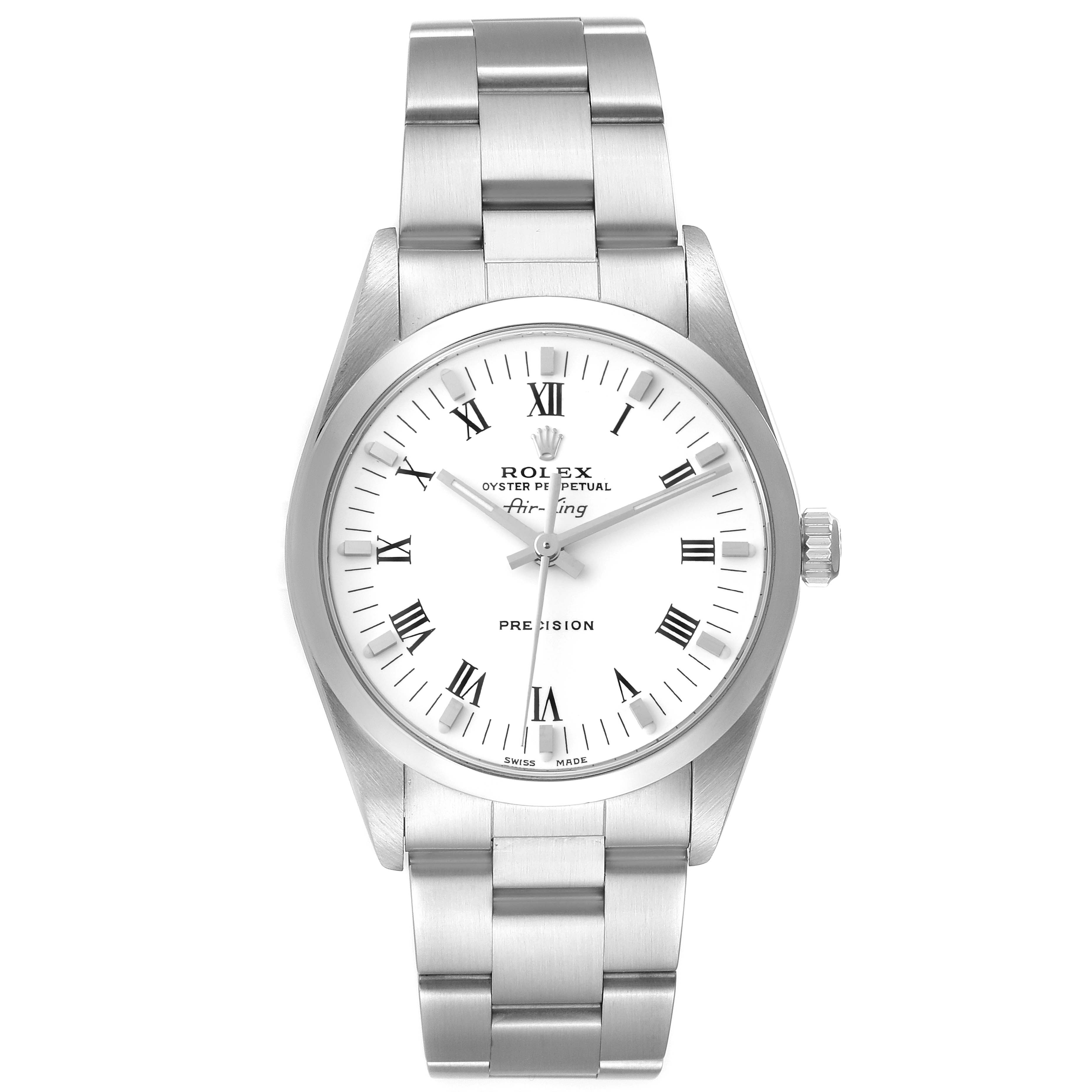The Rolex Air-King 14000 Men's Stainless Steel White Dial 14000 Men's Stainless Steel White Dial watch is shown from a front angle, displaying its dial, hands, crown, and bracelet.