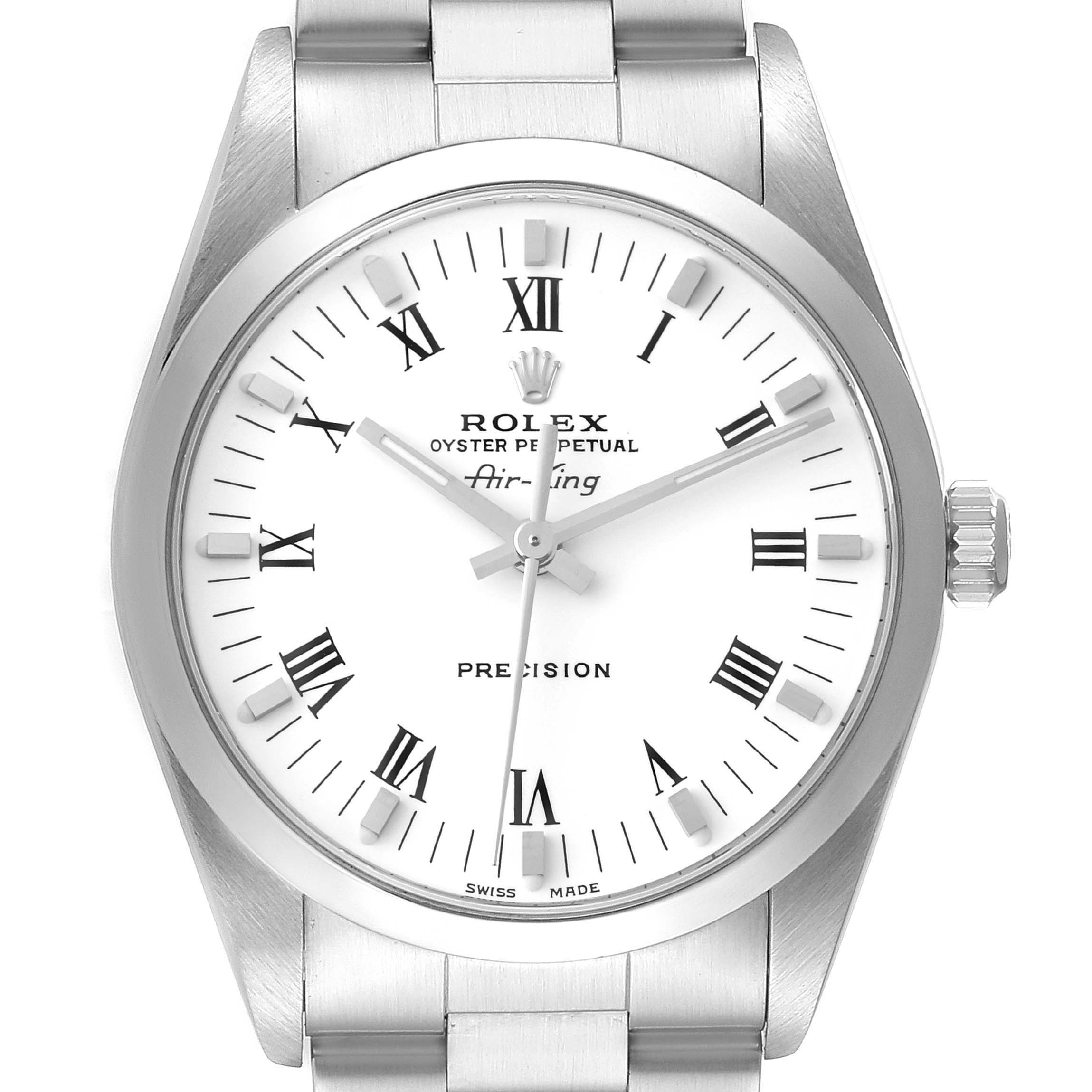 This image shows the face and part of the bracelet of a Rolex Air-King 14000 Men's Stainless Steel White Dial 14000 Men's Stainless Steel White Dial watch, viewed from the front.