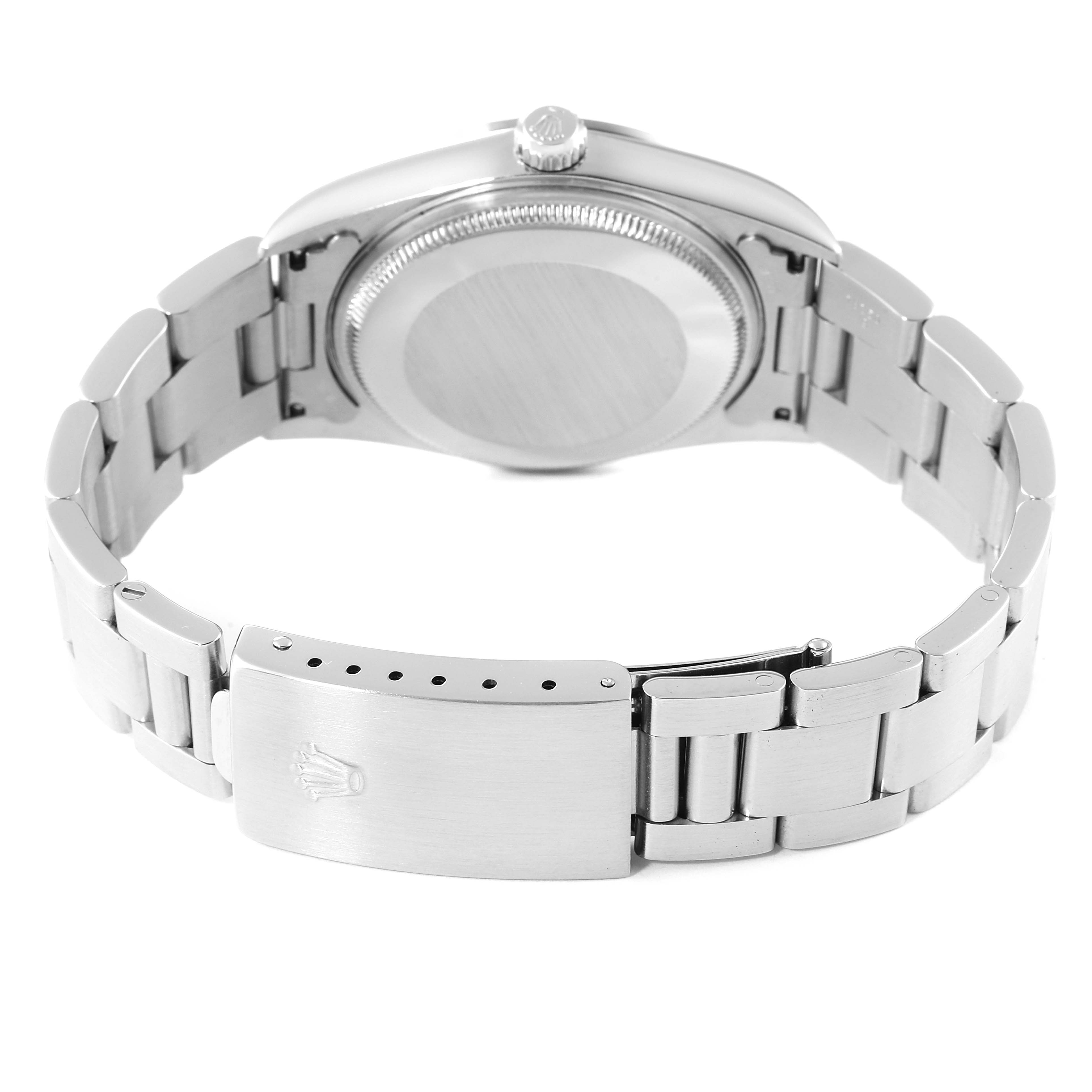 This image shows the back view and clasp of a Rolex Air-King 14000 Men's Stainless Steel White Dial 14000 Men's Stainless Steel White Dial watch, highlighting its bracelet and case back.