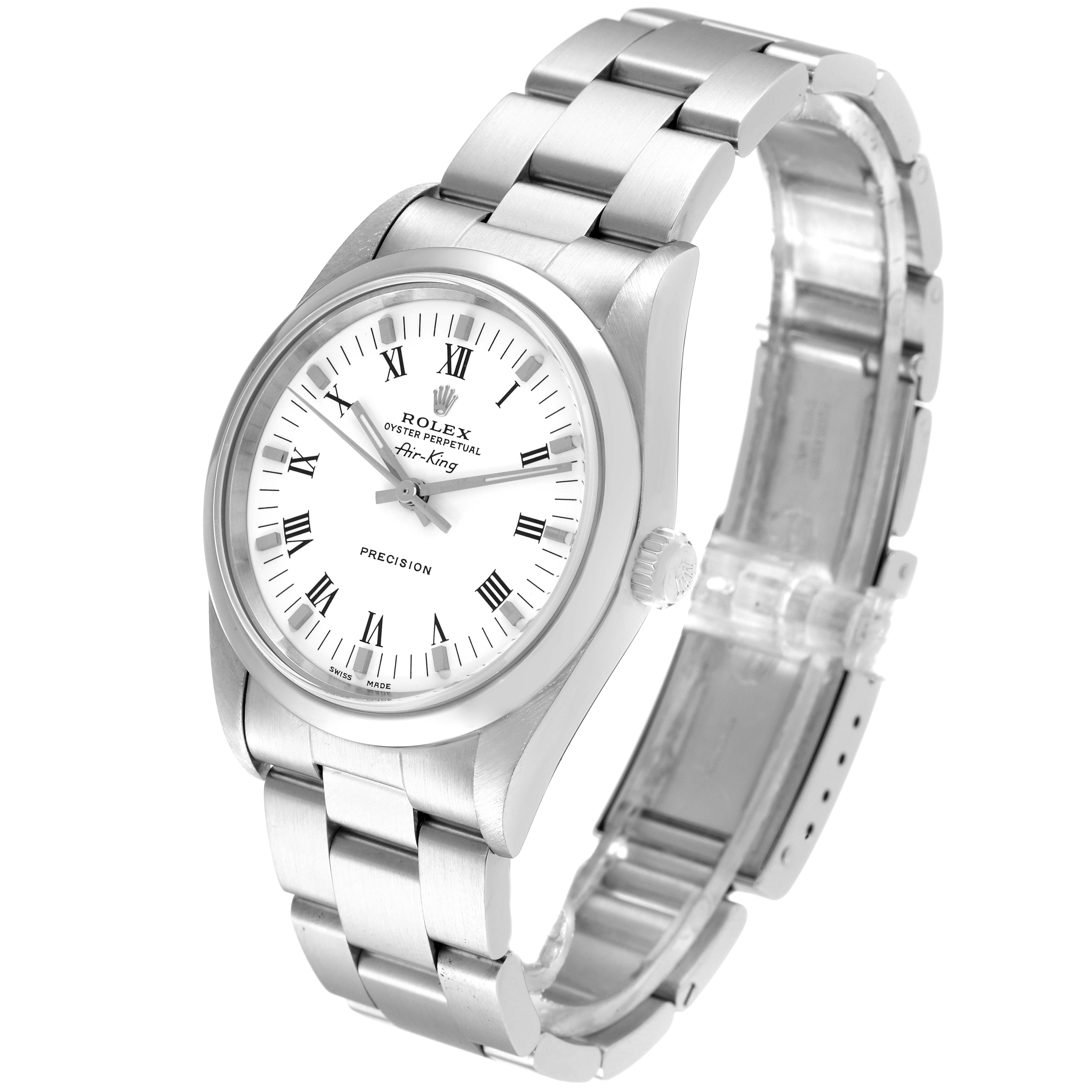 This image shows a Rolex Air-King 14000 Men's Stainless Steel White Dial 14000 Men's Stainless Steel White Dial watch angled from the front-left, highlighting the dial, case, and part of the bracelet.