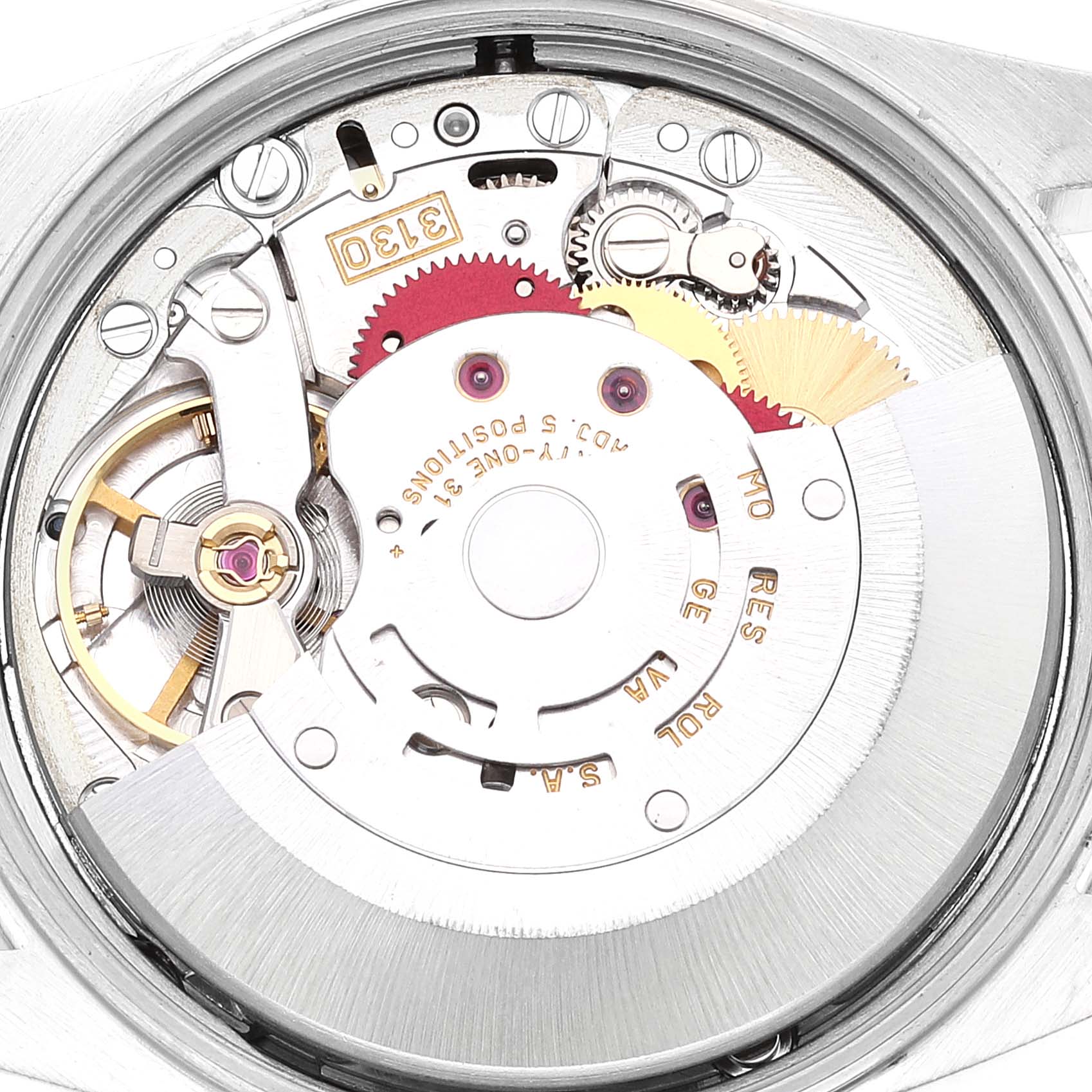 This image shows the internal mechanism of a Rolex Air-King 14000 Men's Stainless Steel White Dial 14000 Men's Stainless Steel White Dial watch from a top-down perspective.