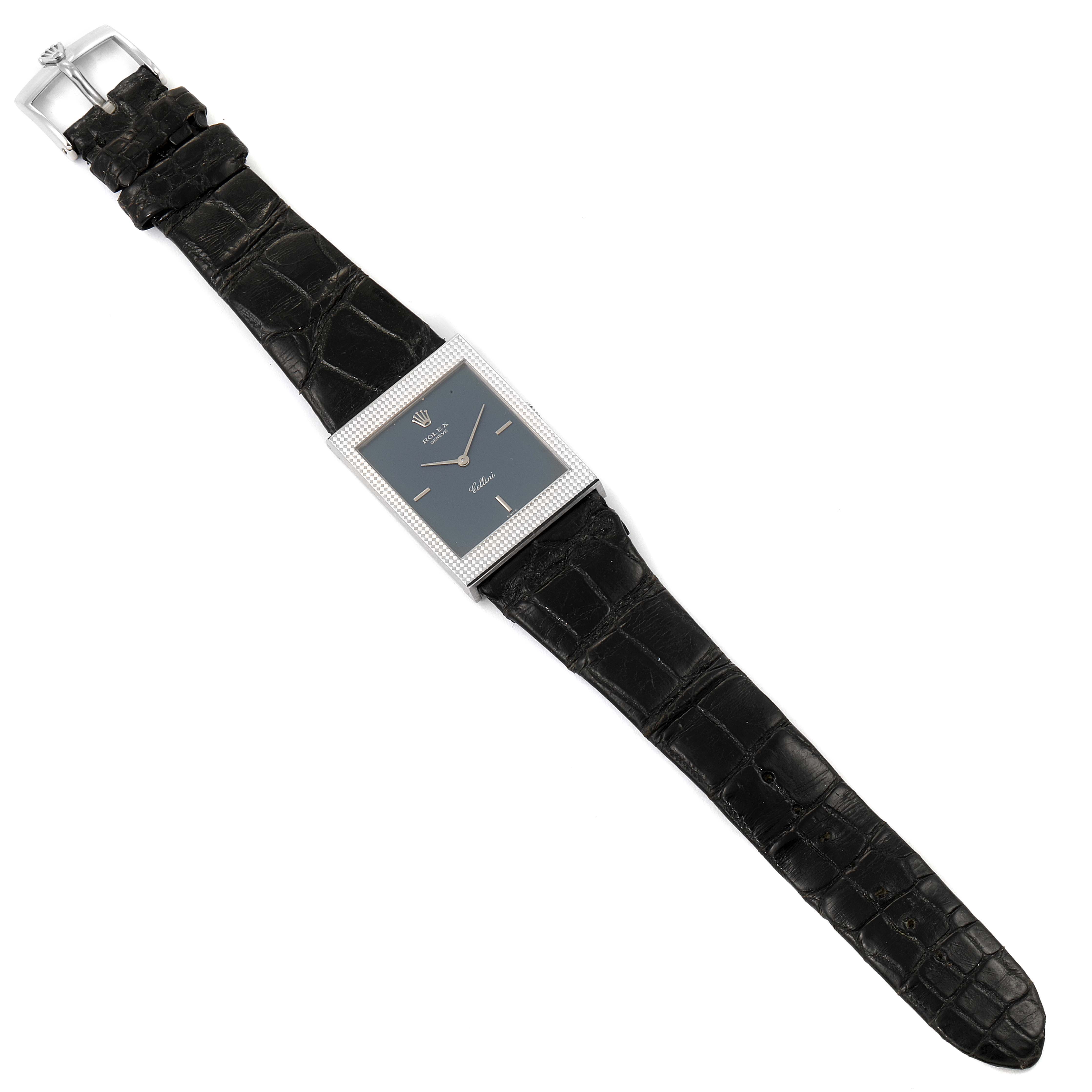 The image shows a top-down view of a Rolex Cellini 4127 Men
s White Gold Blue Dial 4127 Men
s White Gold Blue Dial watch displaying the face, strap, and buckle.