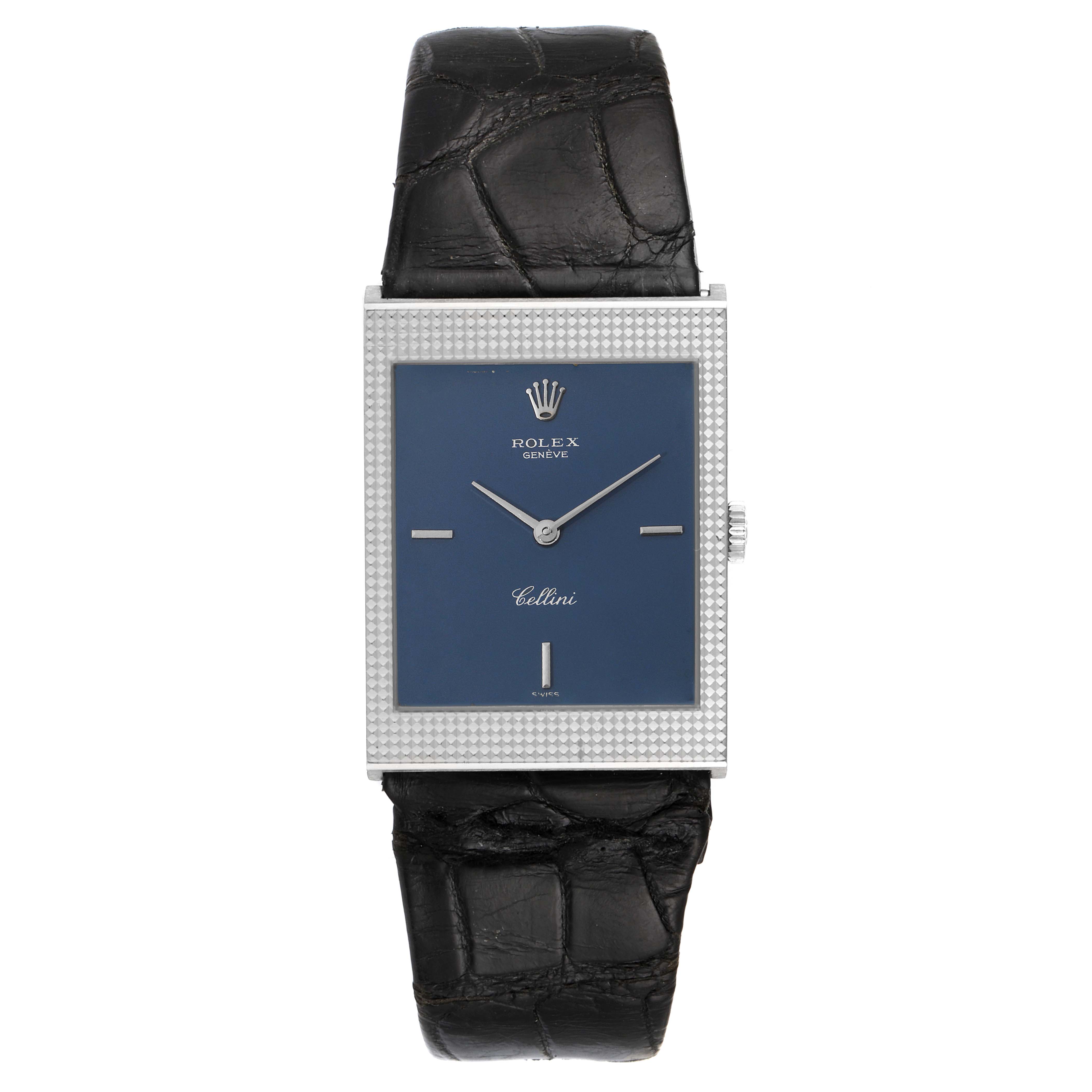 This image shows a front view of a Rolex Cellini 4127 Men
s White Gold Blue Dial 4127 Men
s White Gold Blue Dial model watch with a blue dial and black leather strap.