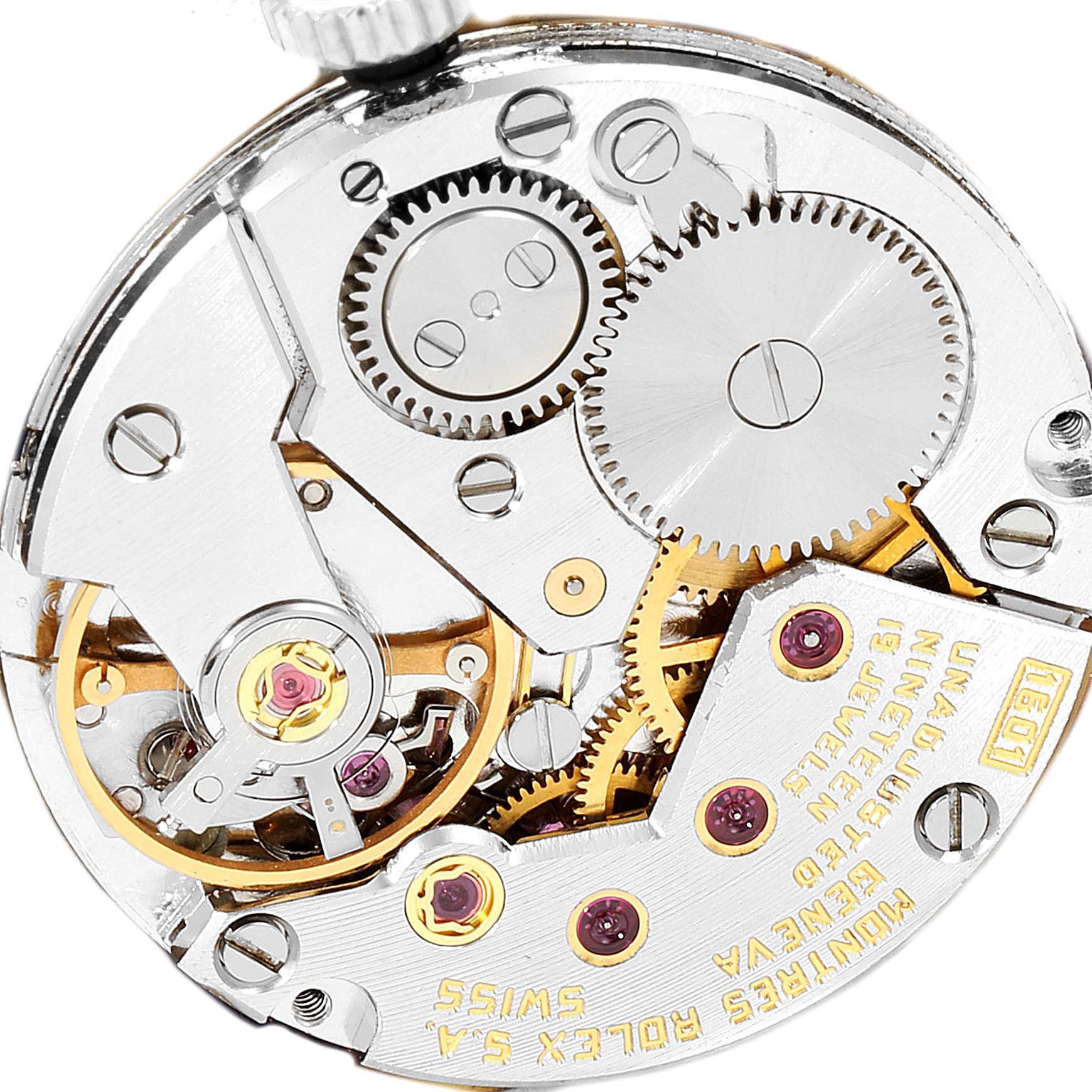 The image shows a close-up view of the intricate internal mechanism of a Rolex Cellini 4127 Men
s White Gold Blue Dial 4127 Men
s White Gold Blue Dial watch.