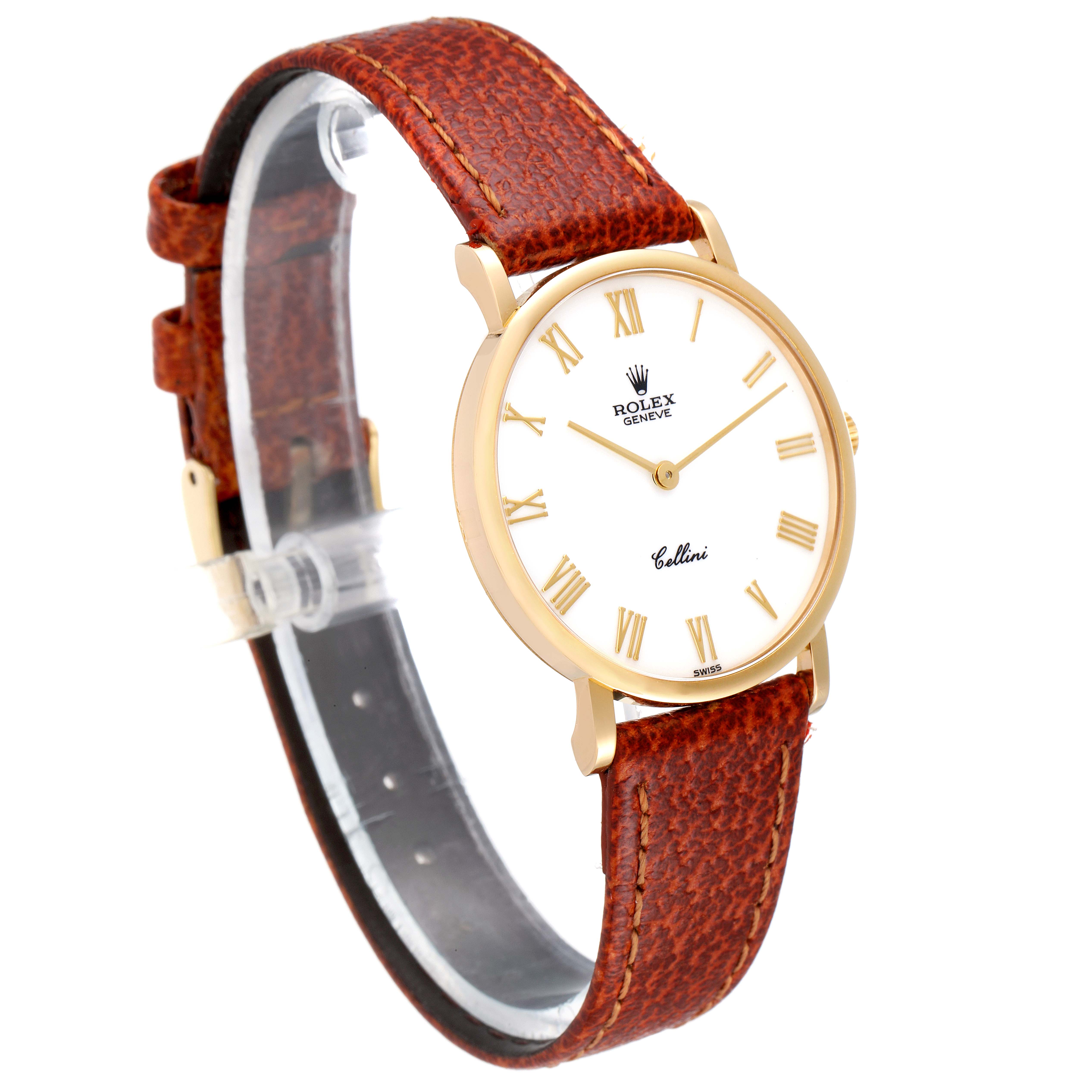 The image shows a Rolex Cellini 5112 Men's Yellow Gold White Dial 5112 Men's Yellow Gold White Dial watch at a three-quarter angle, highlighting its brown leather strap and golden casing with a white face.