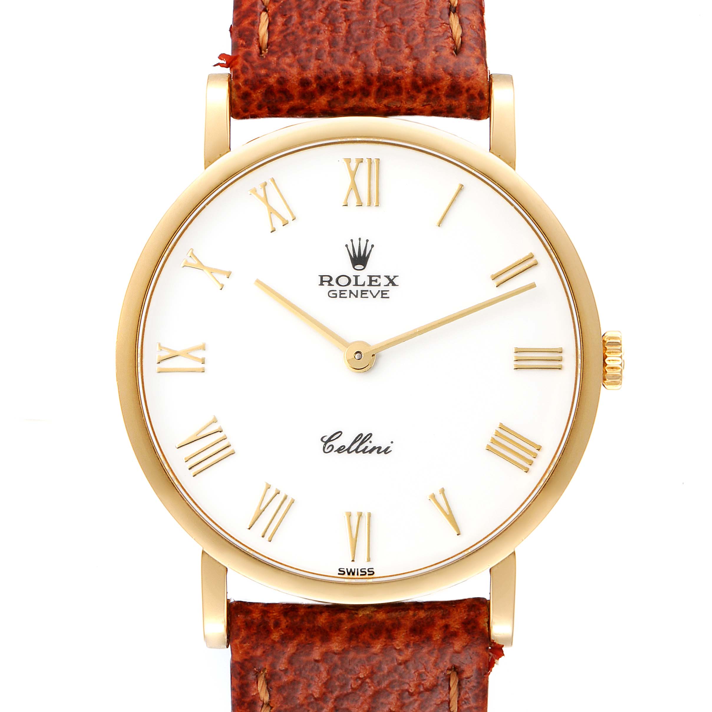 This image shows a front view of the Rolex Cellini 5112 Men's Yellow Gold White Dial 5112 Men's Yellow Gold White Dial watch, highlighting the dial, markers, hands, bezel, and part of the strap.