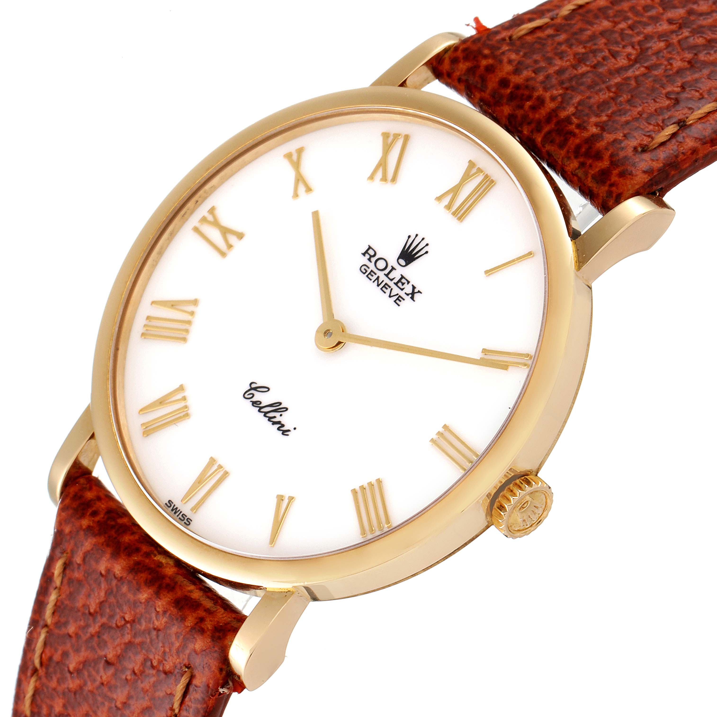 The Rolex Cellini 5112 Men's Yellow Gold White Dial 5112 Men's Yellow Gold White Dial watch is shown at a slight angle, displaying the white dial, Roman numerals, gold hands, and a brown leather strap.