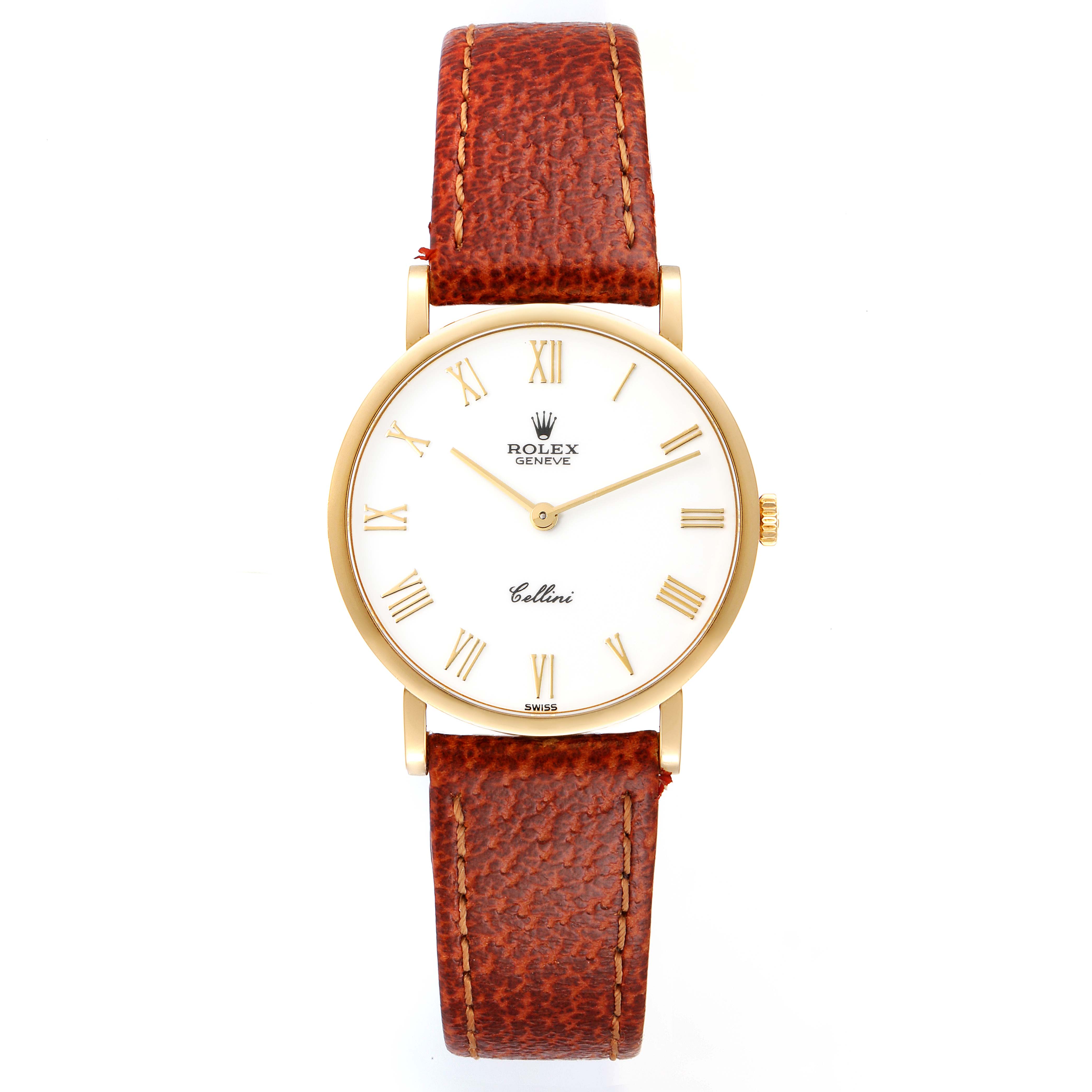 The image shows a front view of a Rolex Cellini 5112 Men's Yellow Gold White Dial 5112 Men's Yellow Gold White Dial watch with a brown leather strap and gold case.