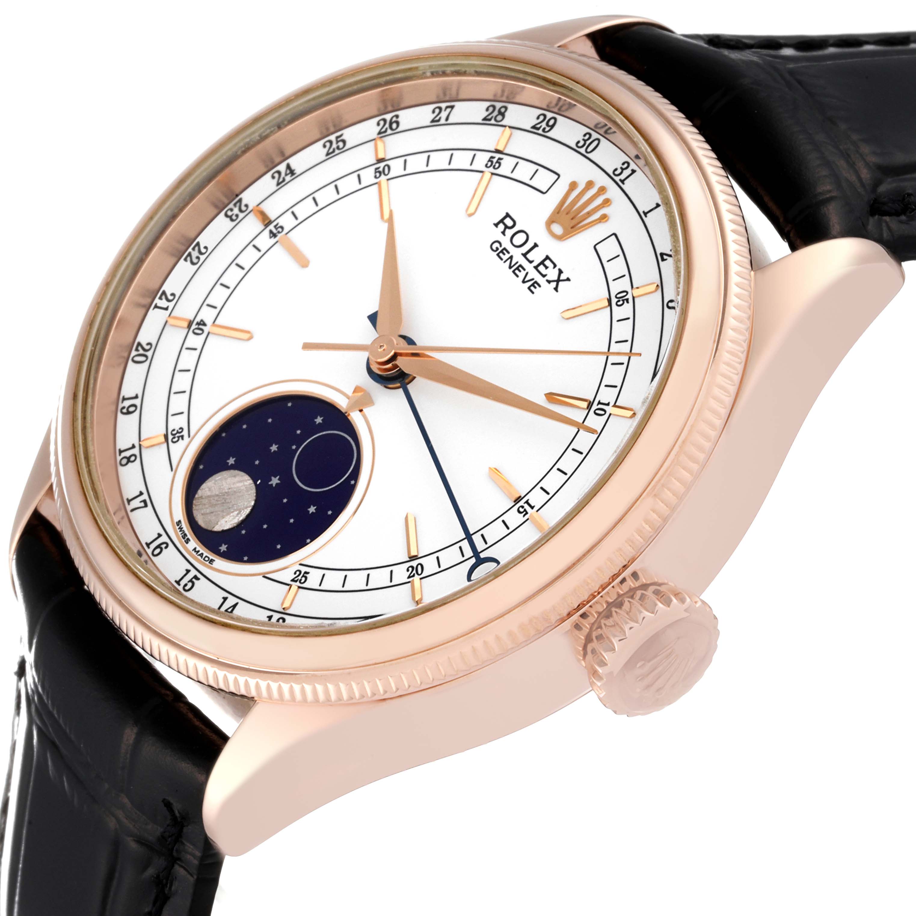 The Rolex Cellini 50535 Men's Rose Gold White Dial 50535 Men's Rose Gold White Dial watch is shown at an angled view of the dial, crown, bezel, and part of the leather strap.