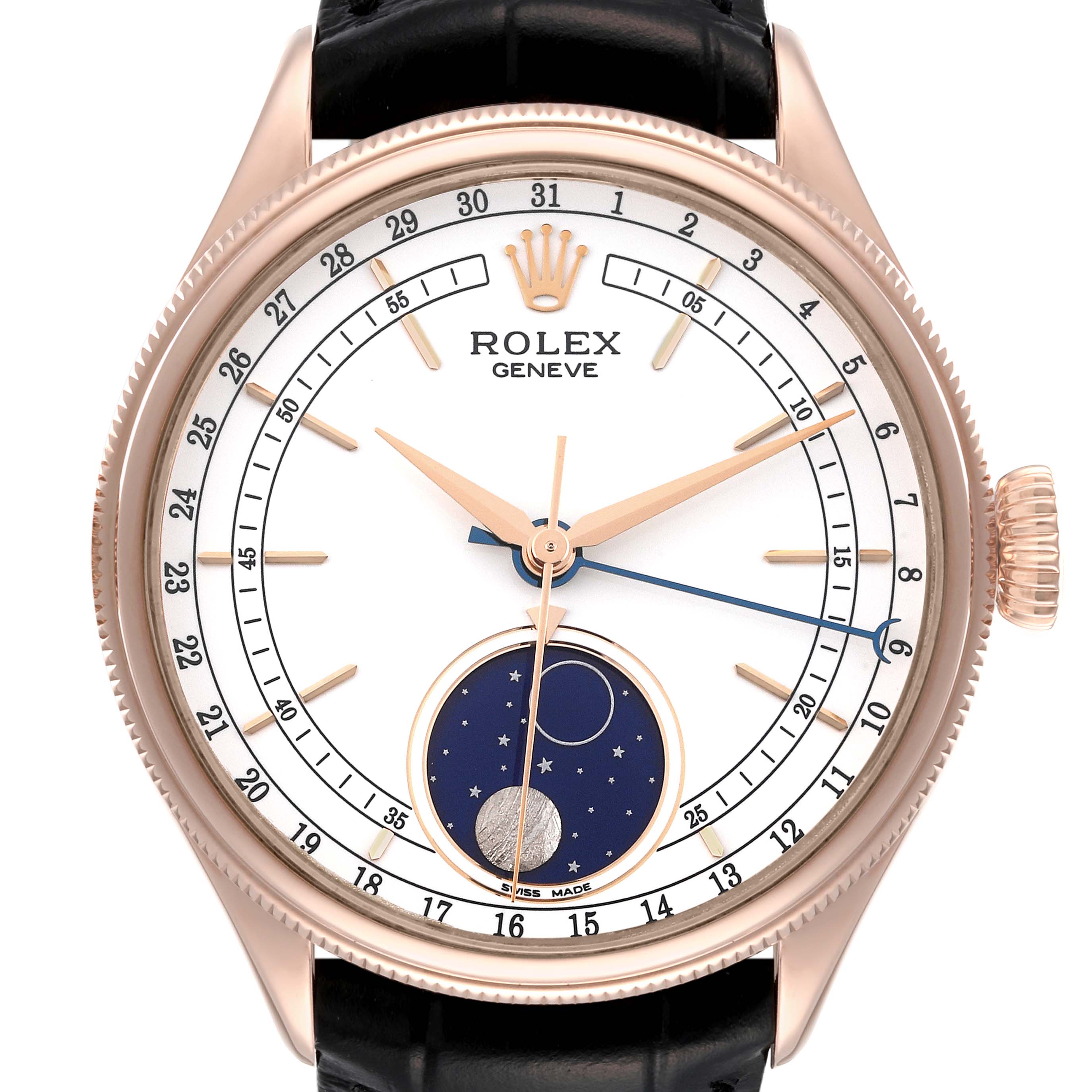 The image shows a Rolex Cellini 50535 Men's Rose Gold White Dial 50535 Men's Rose Gold White Dial watch, displaying the dial with hour, minute, and second hands, along with a moon phase subdial.