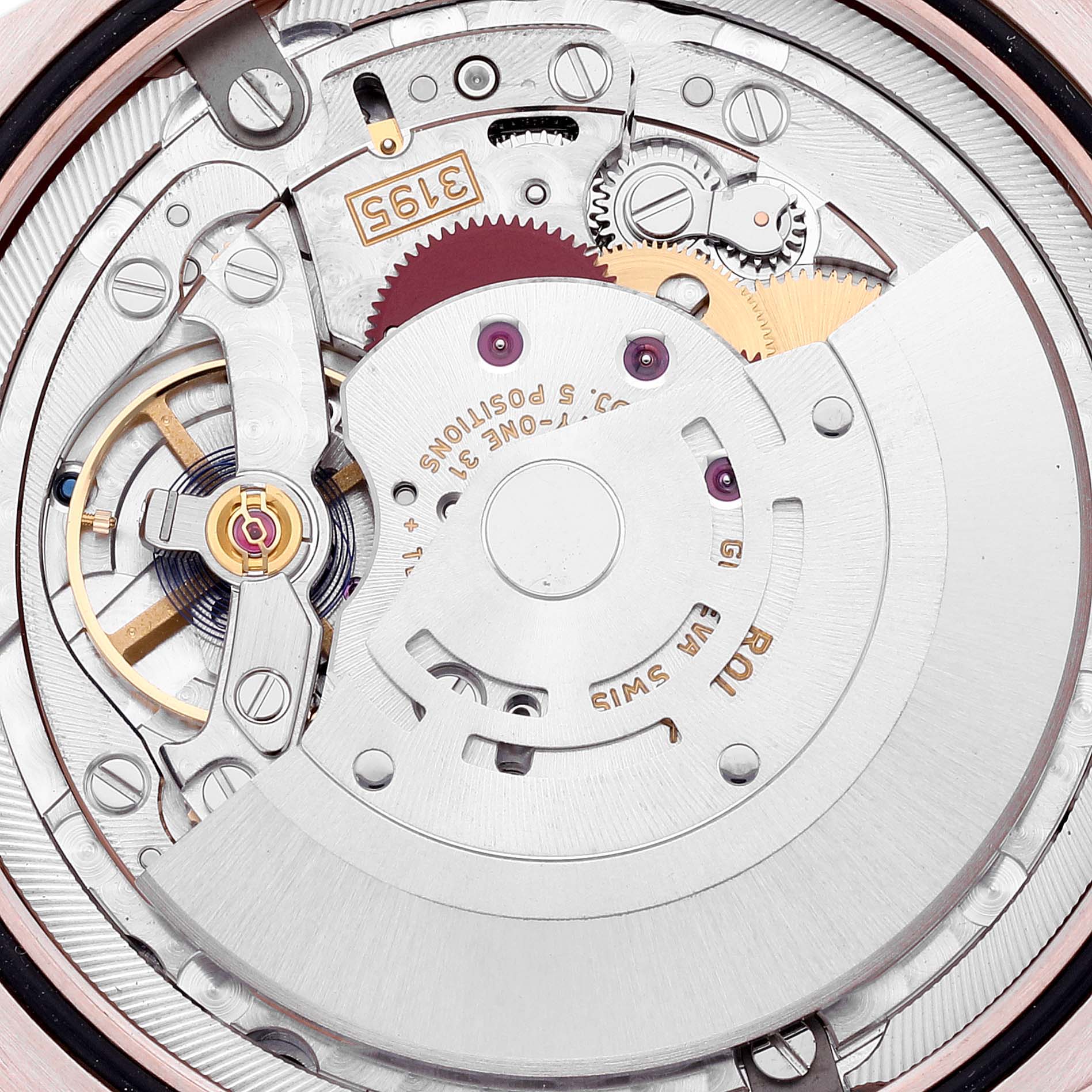This image shows the intricate internal movement mechanism of the Rolex Cellini 50535 Men's Rose Gold White Dial 50535 Men's Rose Gold White Dial watch viewed from the back.