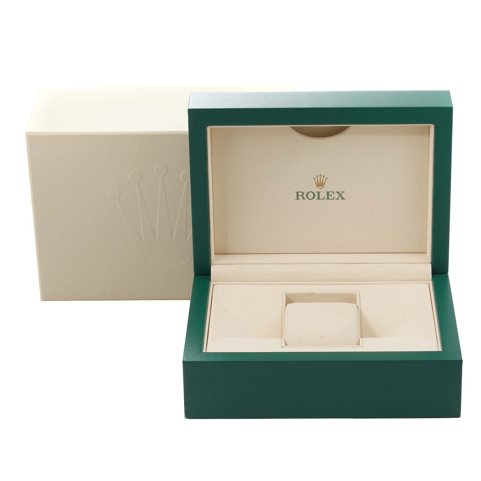 The image shows the open box of a Rolex Cellini 50535 Men's Rose Gold White Dial 50535 Men's Rose Gold White Dial watch, displaying its inner compartments and the brand logo.