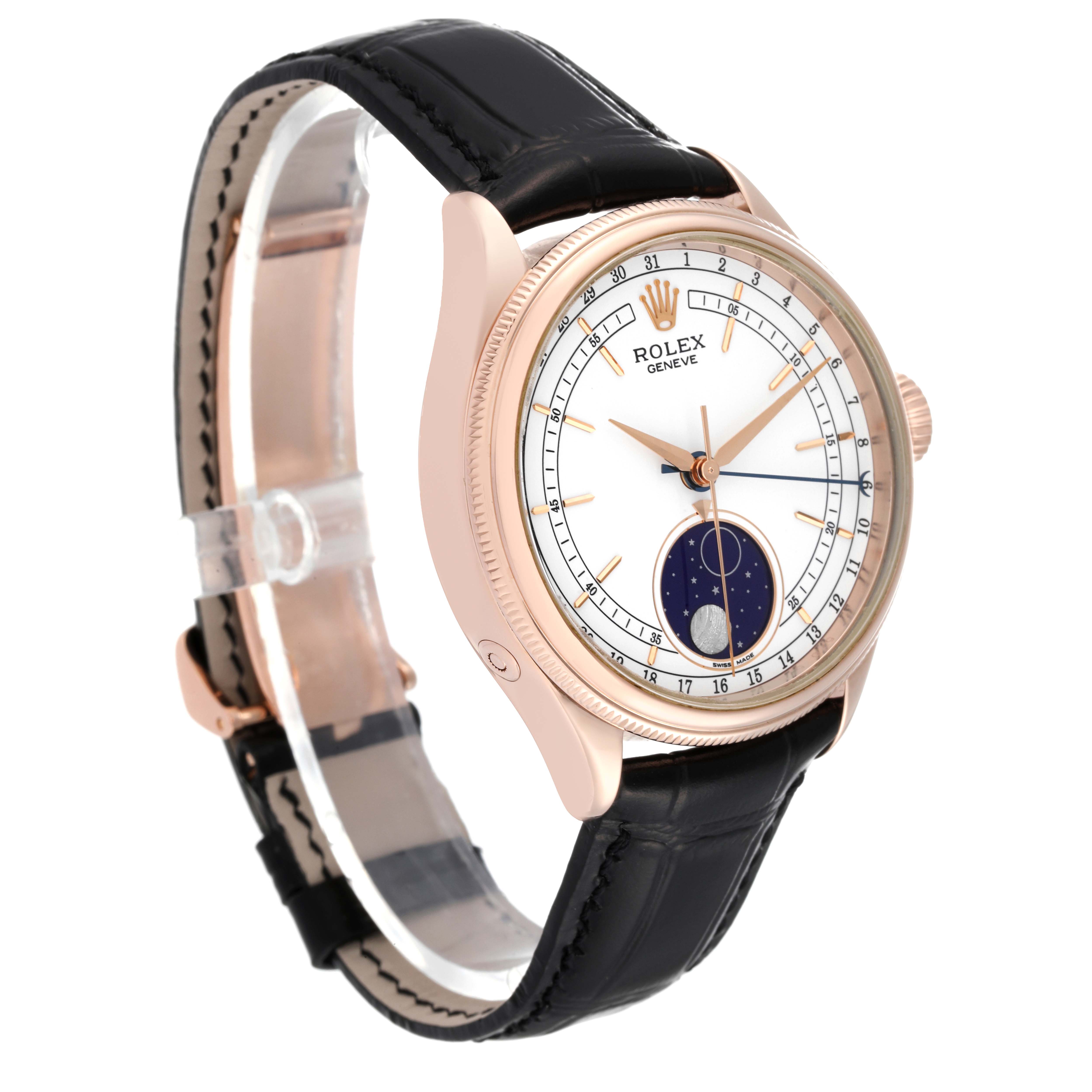 The Rolex Cellini 50535 Men's Rose Gold White Dial 50535 Men's Rose Gold White Dial watch is shown at a three-quarter angle, displaying its face, bezel, strap, and lunar phase feature.