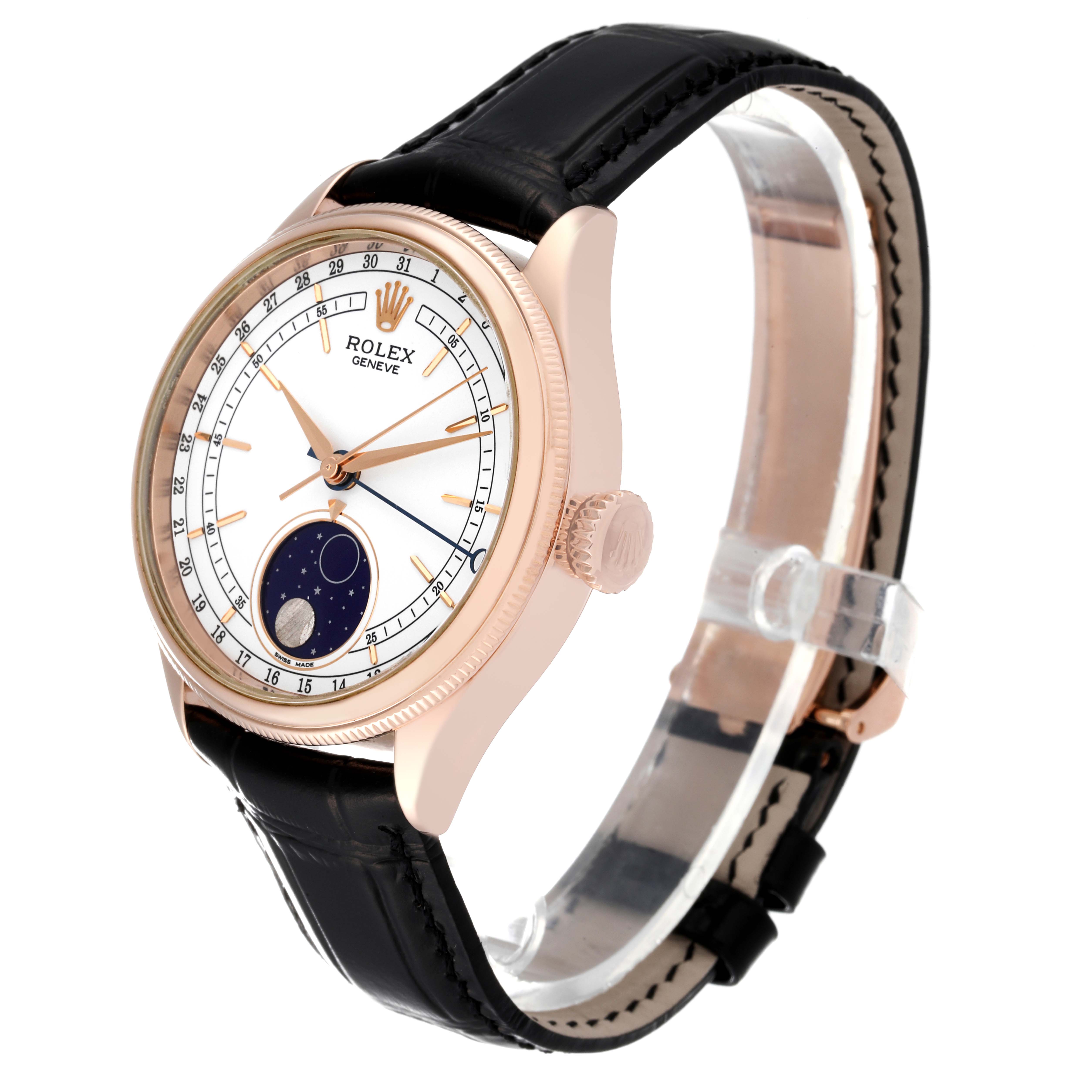 The Rolex Cellini 50535 Men's Rose Gold White Dial 50535 Men's Rose Gold White Dial watch is shown from a three-quarter angle displaying the face, crown, and black leather strap.