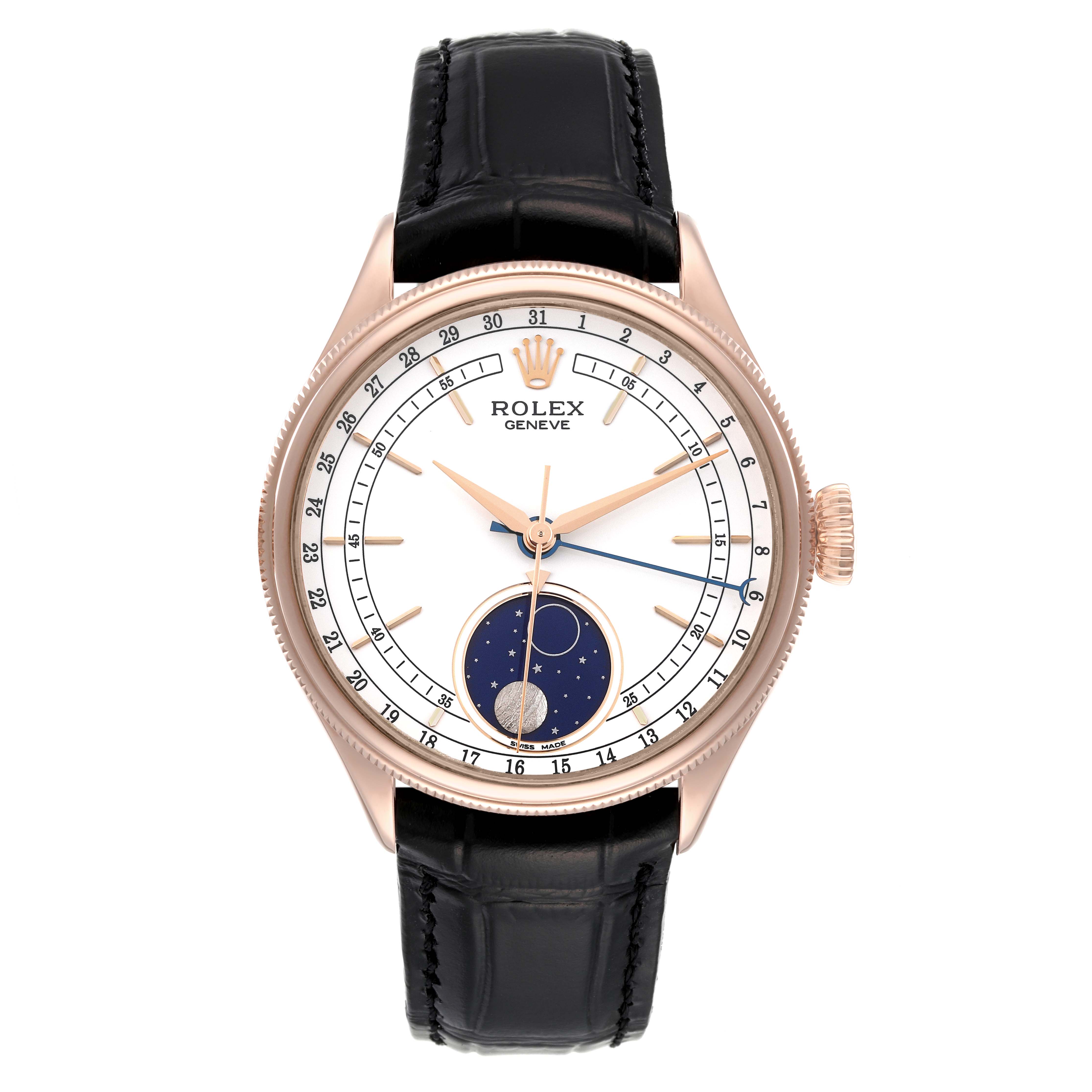 The Rolex Cellini 50535 Men's Rose Gold White Dial 50535 Men's Rose Gold White Dial watch is shown from a front angle, highlighting its dial, bezel, hands, and black leather strap.