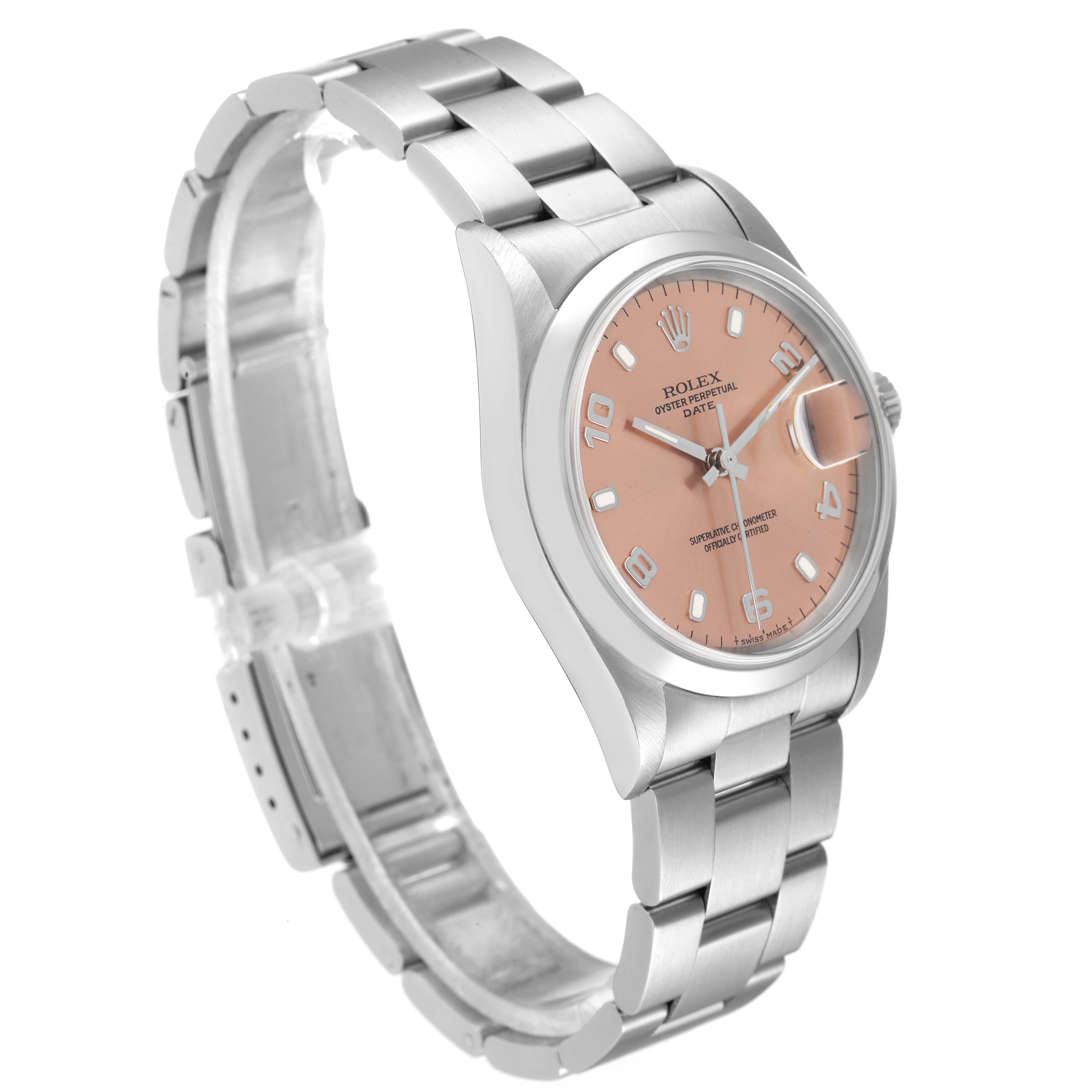 The image shows a side angle of a Rolex Date 15200 Men
s Stainless Steel Pink Dial 15200 Men
s Stainless Steel Pink Dial model watch, highlighting its pink dial, bezel, and metal bracelet.