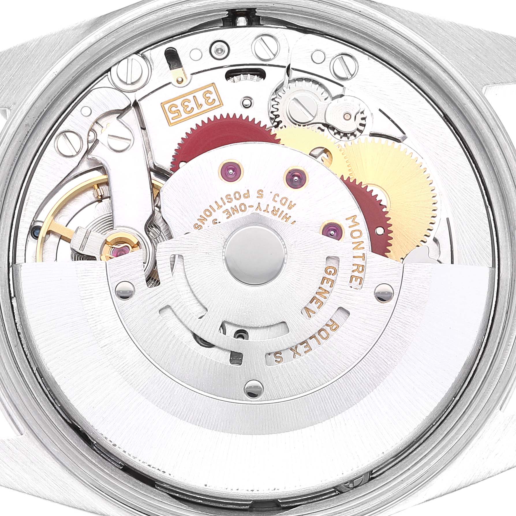 This image shows the internal movement mechanism of a Rolex Date 15200 Men
s Stainless Steel Pink Dial 15200 Men
s Stainless Steel Pink Dial model watch viewed from a top angle.