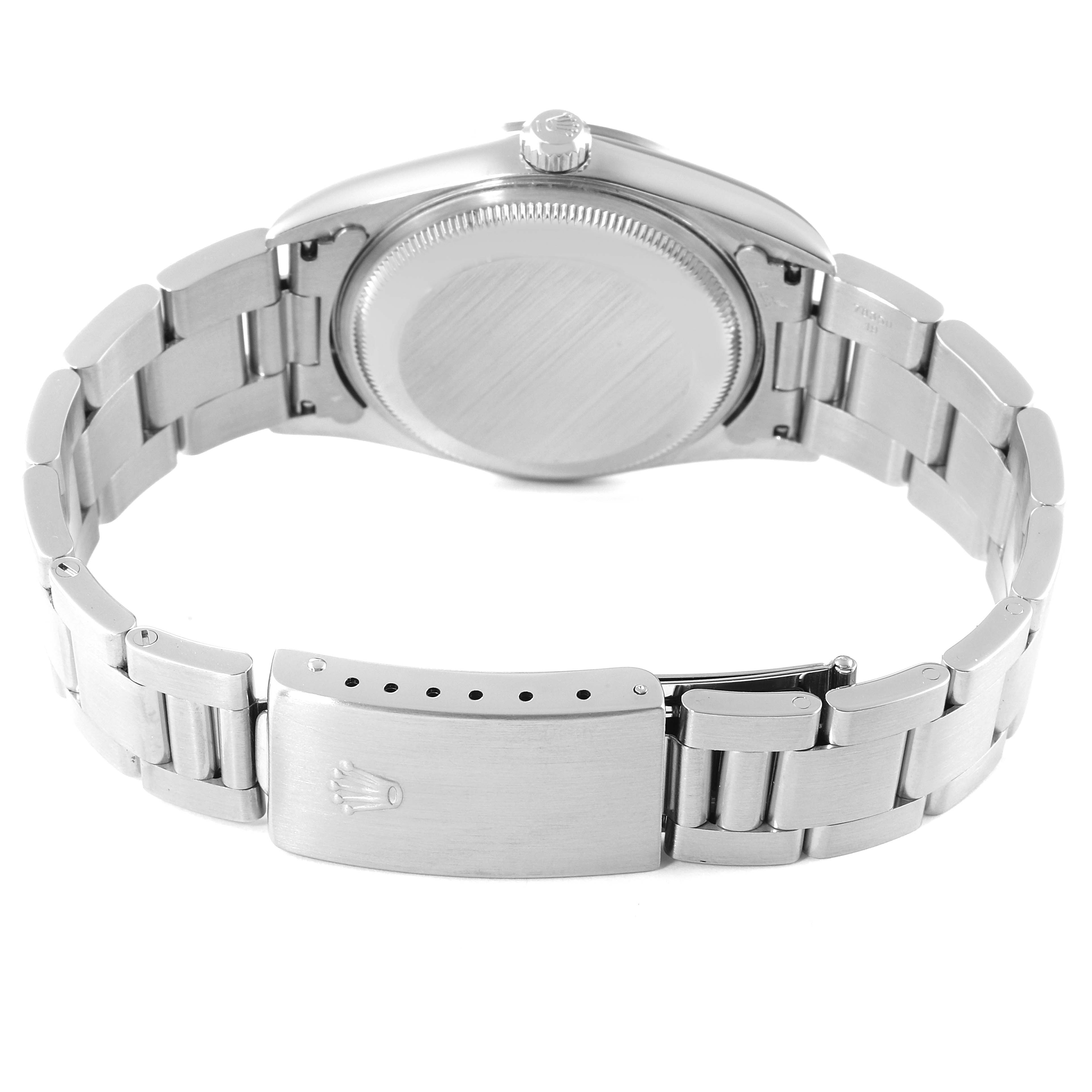 The image shows the back view of a Rolex Date 15200 Men
s Stainless Steel Pink Dial 15200 Men
s Stainless Steel Pink Dial model watch, focusing on the caseback, crown, and clasp.