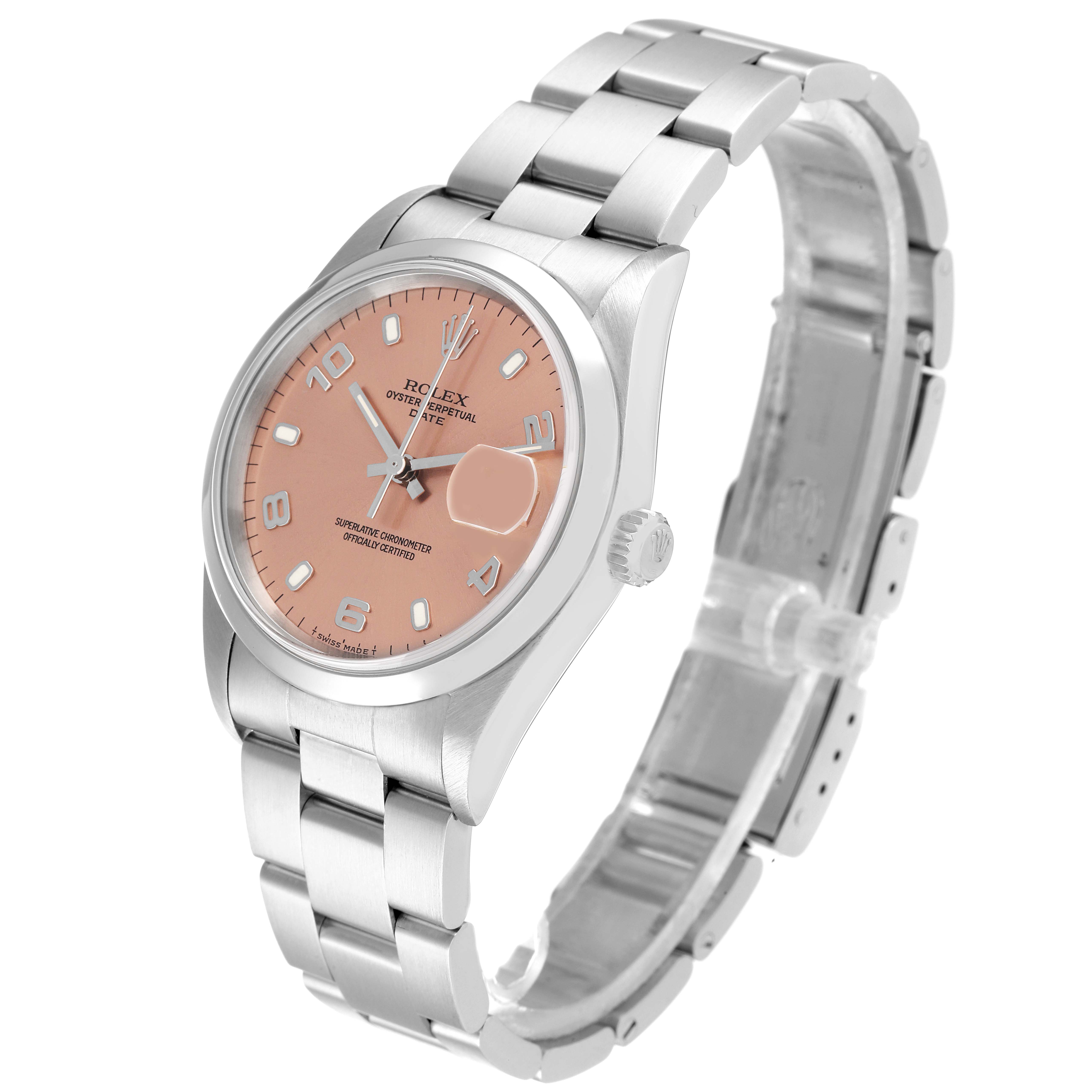 This image shows a side angle view of the Rolex Date 15200 Men
s Stainless Steel Pink Dial 15200 Men
s Stainless Steel Pink Dial model watch, featuring a pink dial, and stainless steel bracelet.