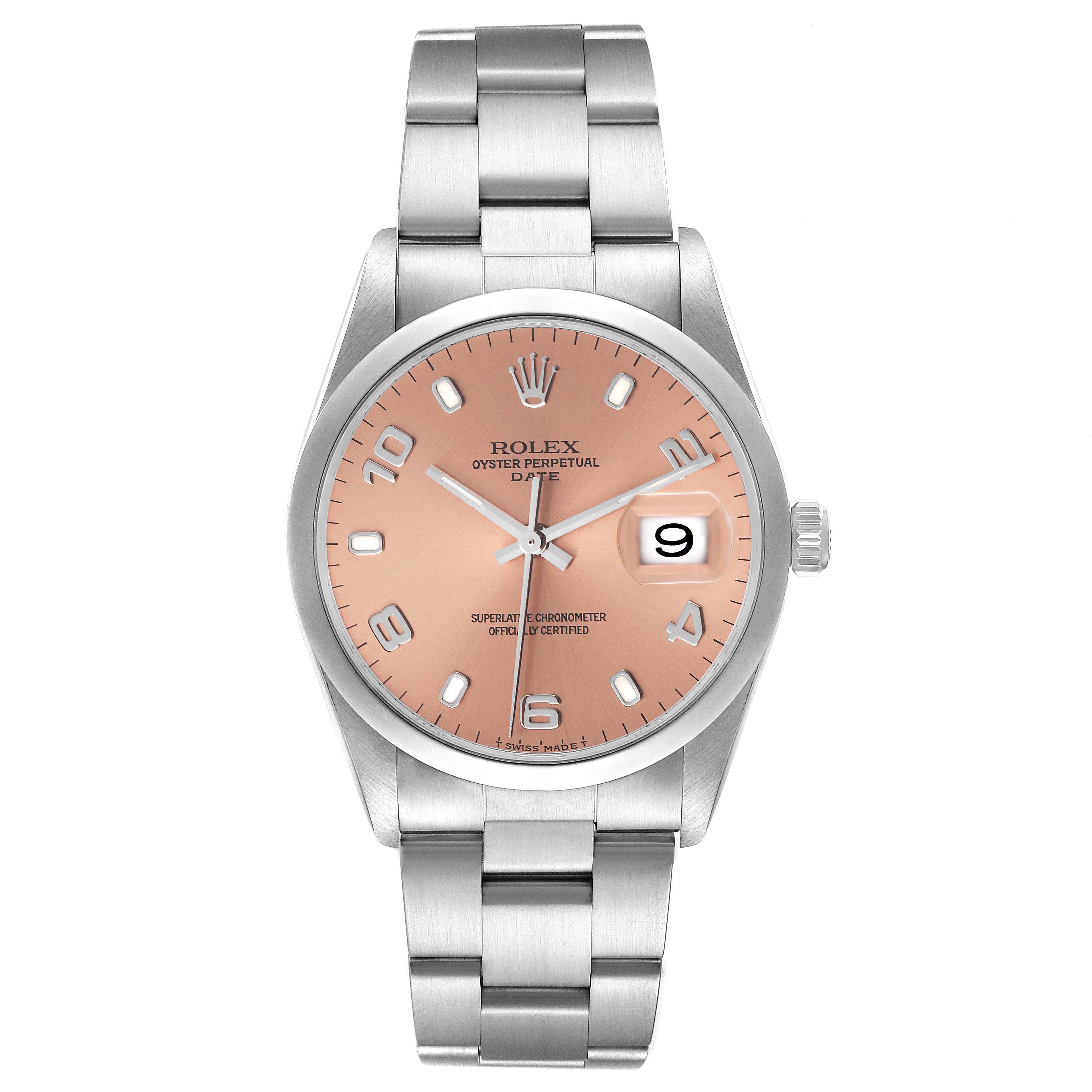 This image shows a frontal view of a Rolex Date 15200 Men
s Stainless Steel Pink Dial 15200 Men
s Stainless Steel Pink Dial model watch, featuring its dial, bracelet, and date display.