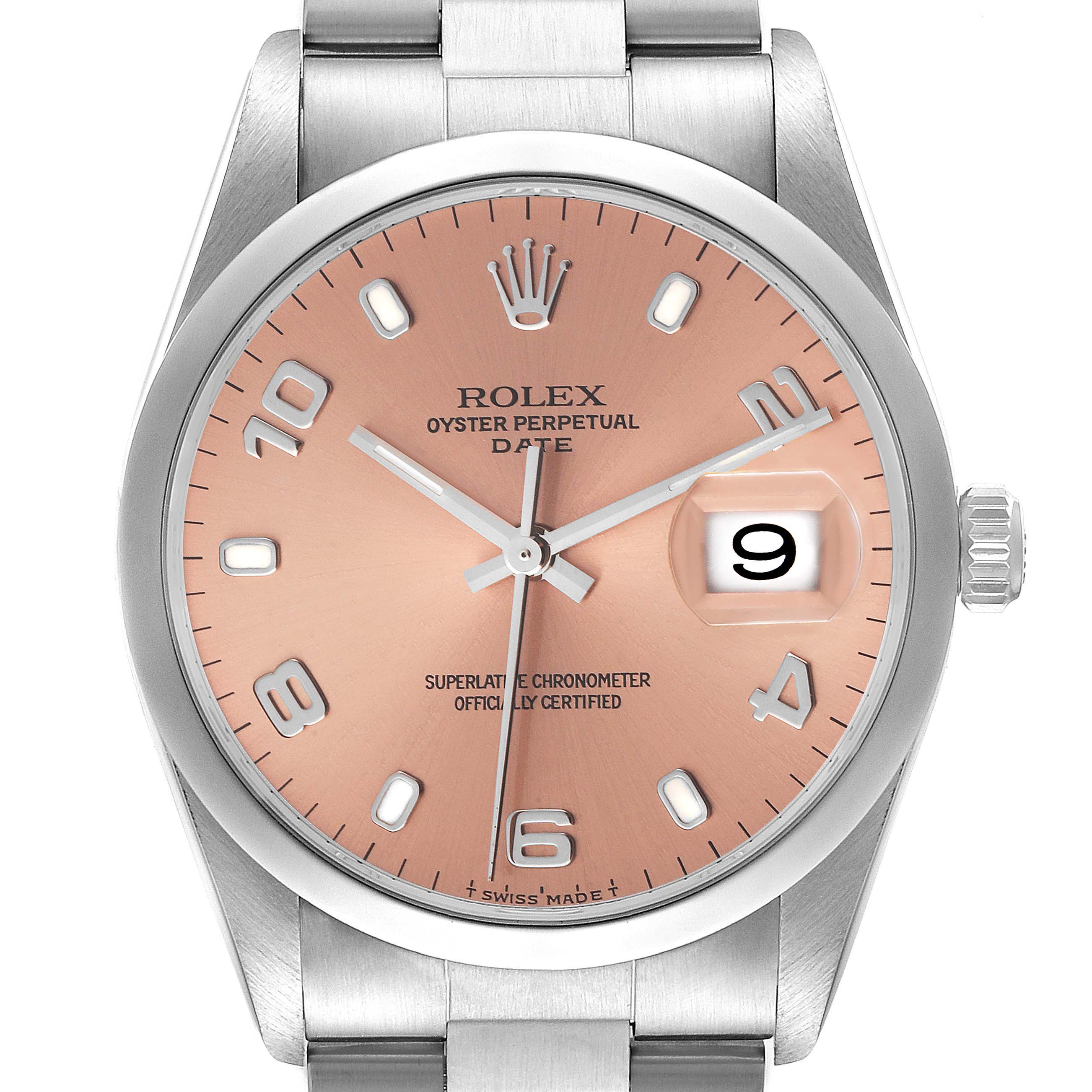 The image shows a front view of the Rolex Date 15200 Men
s Stainless Steel Pink Dial 15200 Men
s Stainless Steel Pink Dial model watch, highlighting its face, dial, hands, and part of the bracelet.