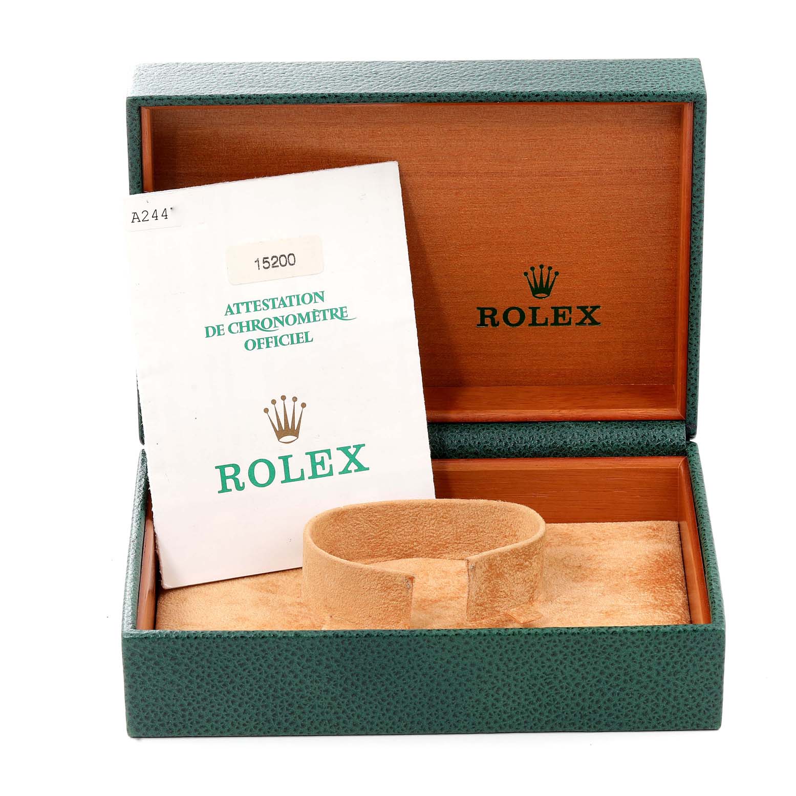 The image shows the open box, cushion, and official booklet for a Rolex Date 15200 Men
s Stainless Steel Pink Dial 15200 Men
s Stainless Steel Pink Dial model watch.