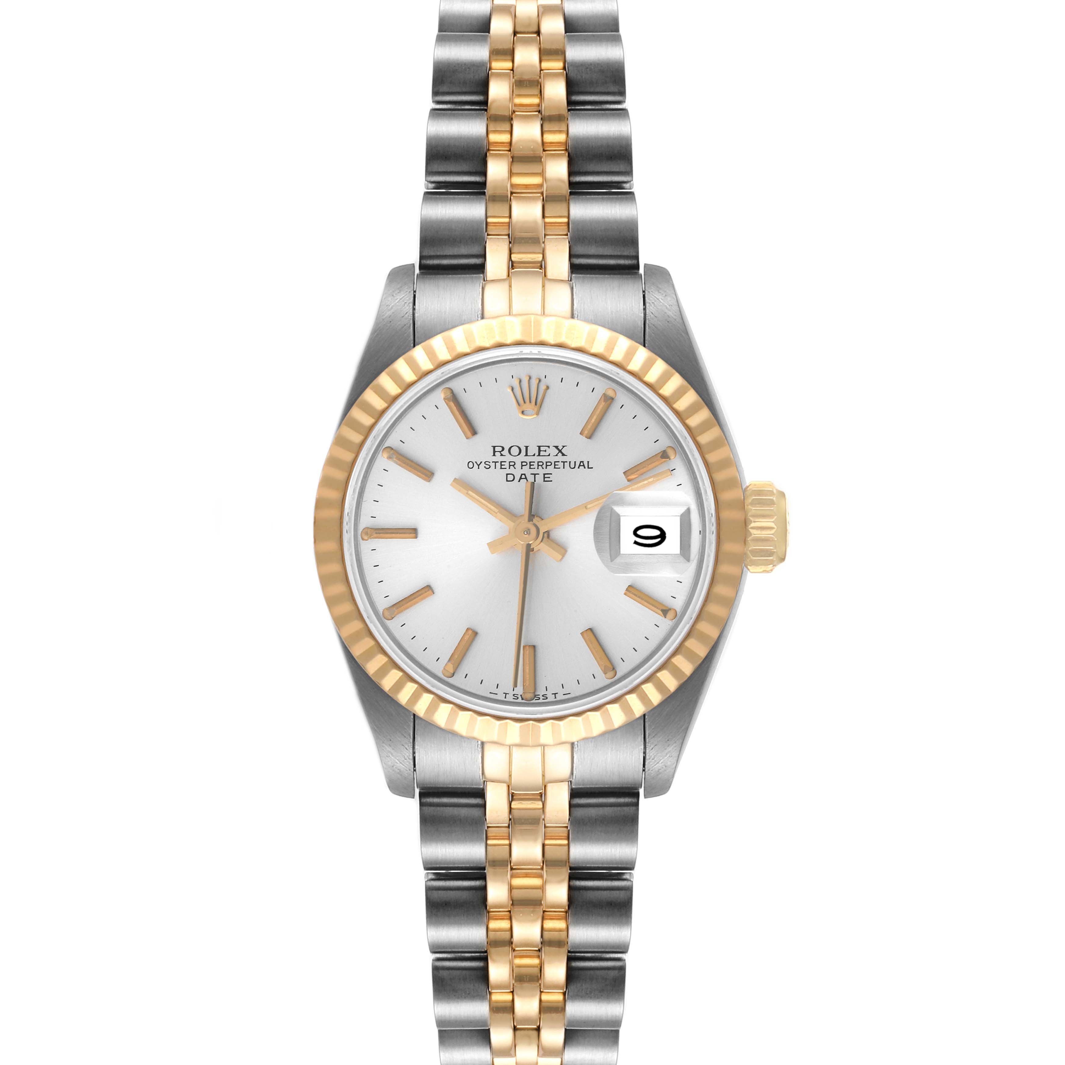 The image shows a frontal view of the Rolex Datejust 69173 Women
s Steel and Gold (two tone) Silver Dial 69173 Women
s Steel and Gold (two tone) Silver Dial watch, displaying its face, fluted bezel, and two-tone bracelet.