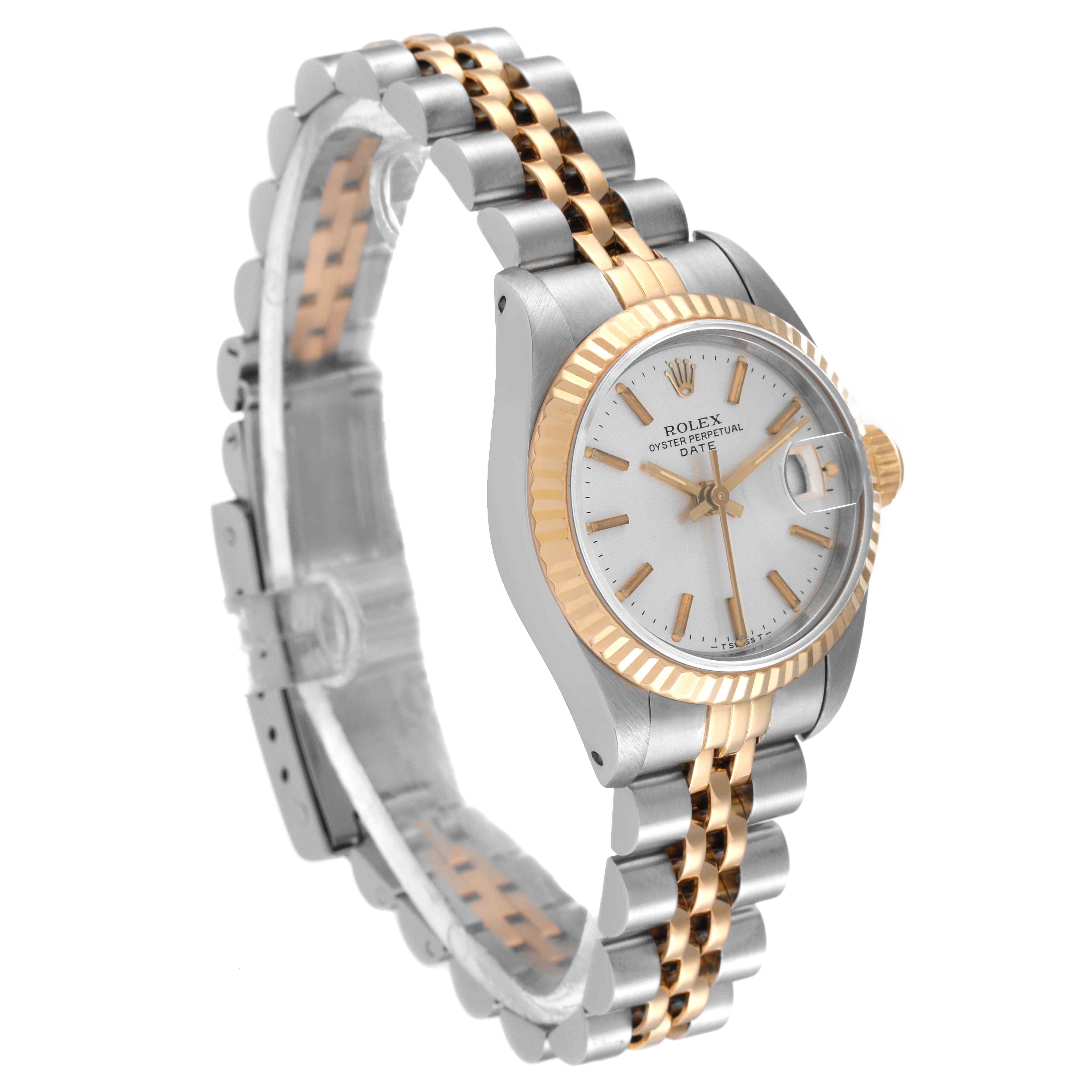 This image shows a side angle view of a Rolex Datejust 69173 Women
s Steel and Gold (two tone) Silver Dial 69173 Women
s Steel and Gold (two tone) Silver Dial watch with a two-tone metal band and a fluted bezel.