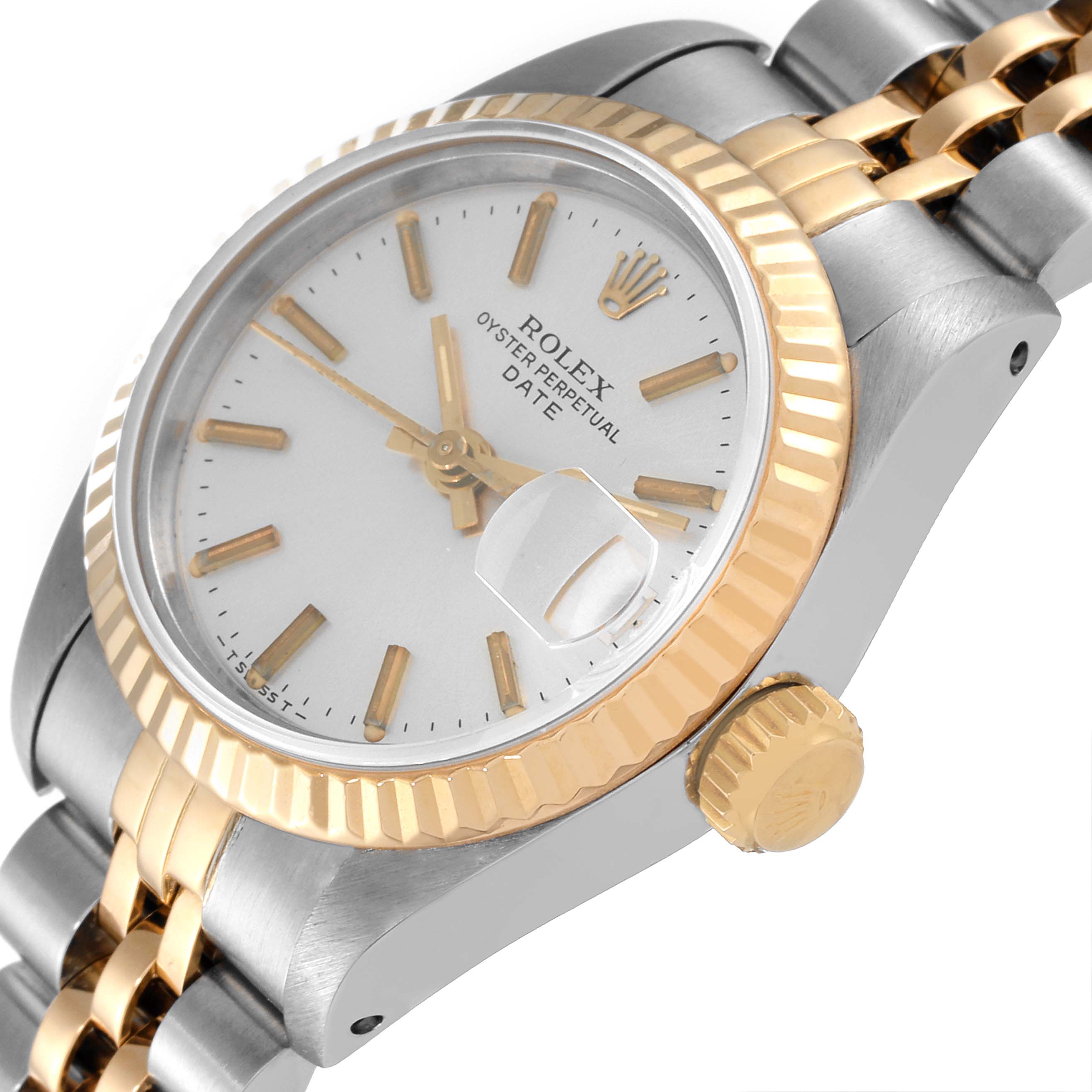 The image shows a close-up angled view of a Rolex Datejust 69173 Women
s Steel and Gold (two tone) Silver Dial 69173 Women
s Steel and Gold (two tone) Silver Dial watch, highlighting its dial, bezel, crown, and part of the bracelet.