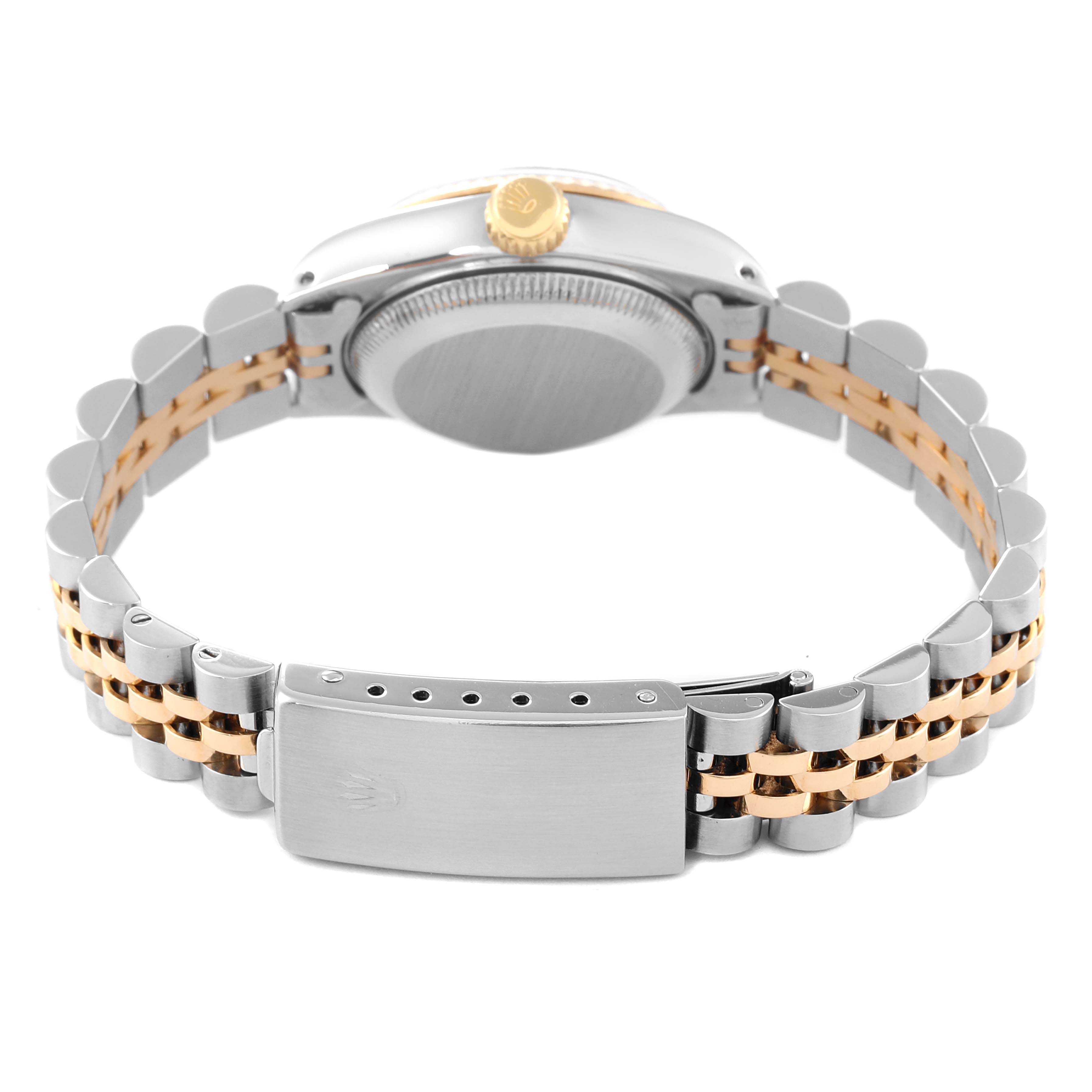 This image shows the back view of a Rolex Datejust 69173 Women
s Steel and Gold (two tone) Silver Dial 69173 Women
s Steel and Gold (two tone) Silver Dial watch, highlighting the Jubilee bracelet and clasp.