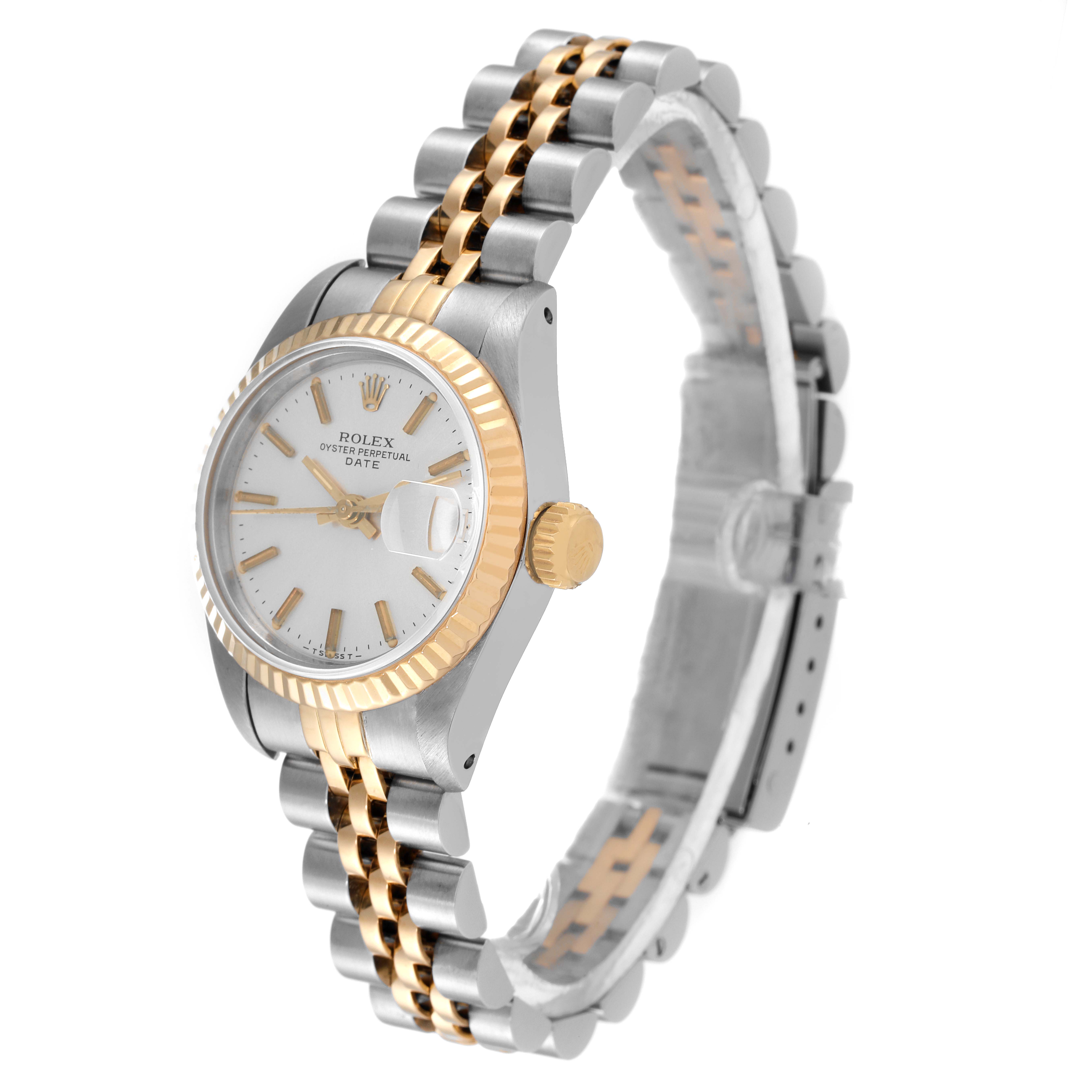 The image shows a Rolex Datejust 69173 Women
s Steel and Gold (two tone) Silver Dial 69173 Women
s Steel and Gold (two tone) Silver Dial watch at a three-quarter angle highlighting the face, bezel, crown, and bracelet.
