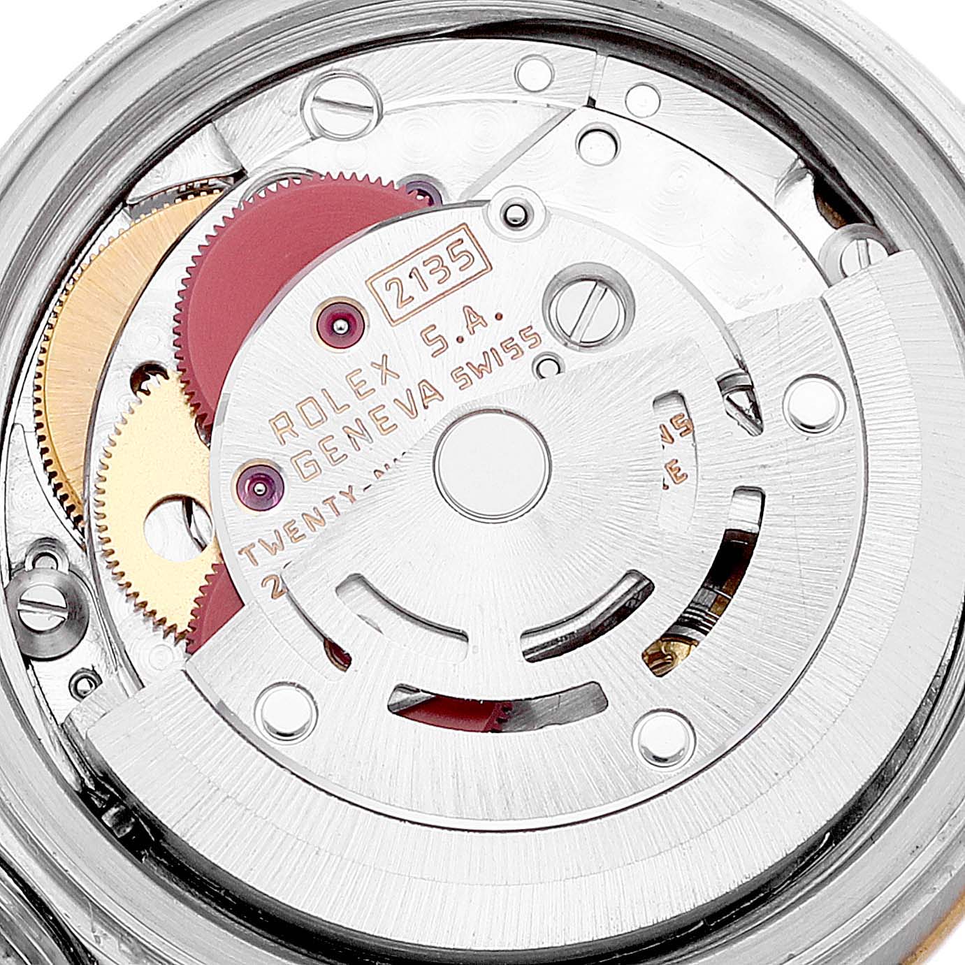 The image shows the movement mechanism of a Rolex Datejust 69173 Women
s Steel and Gold (two tone) Silver Dial 69173 Women
s Steel and Gold (two tone) Silver Dial watch, viewed from the case back.