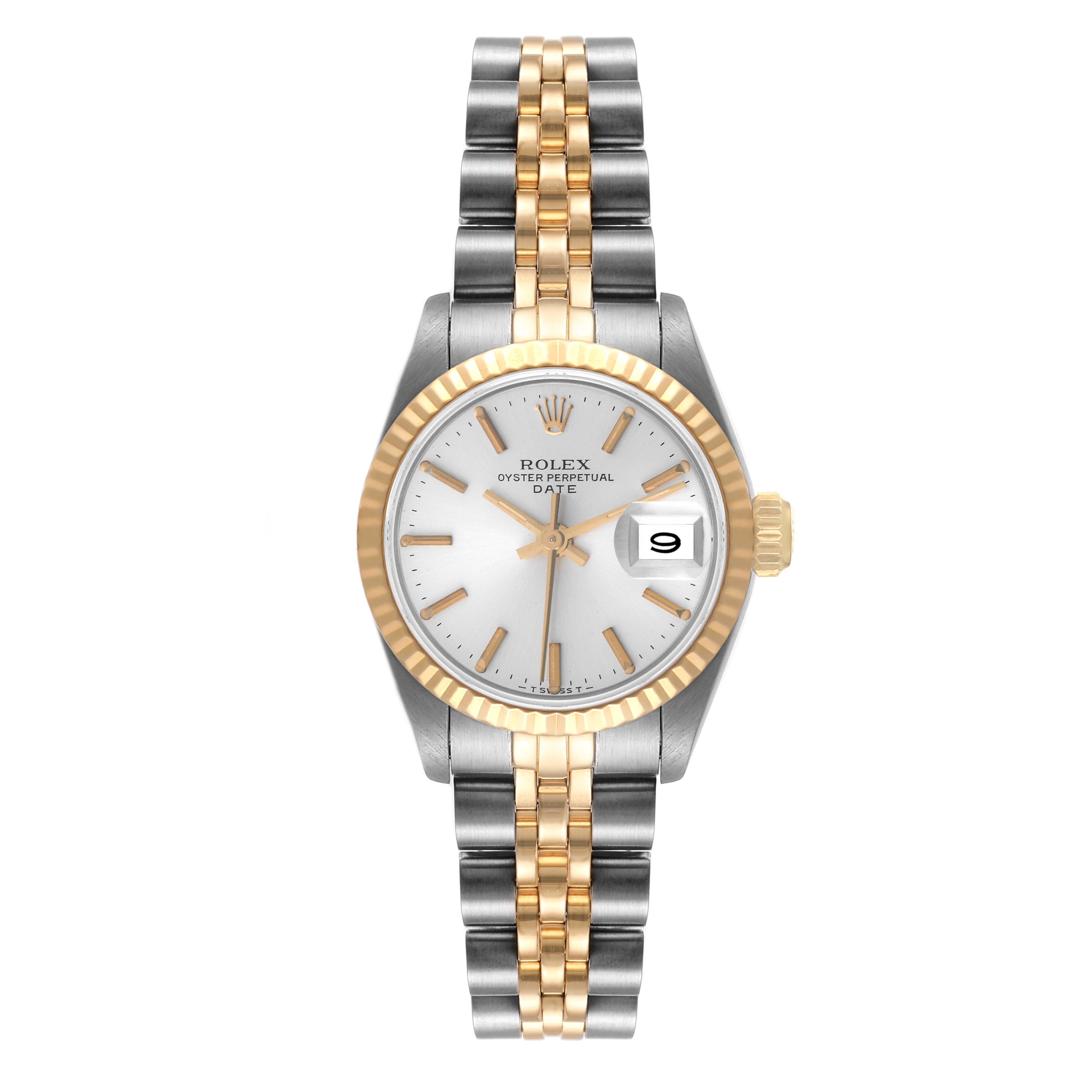 This Rolex Datejust 69173 Women
s Steel and Gold (two tone) Silver Dial 69173 Women
s Steel and Gold (two tone) Silver Dial watch is shown from the front, displaying the dial, bezel, and two-tone bracelet.