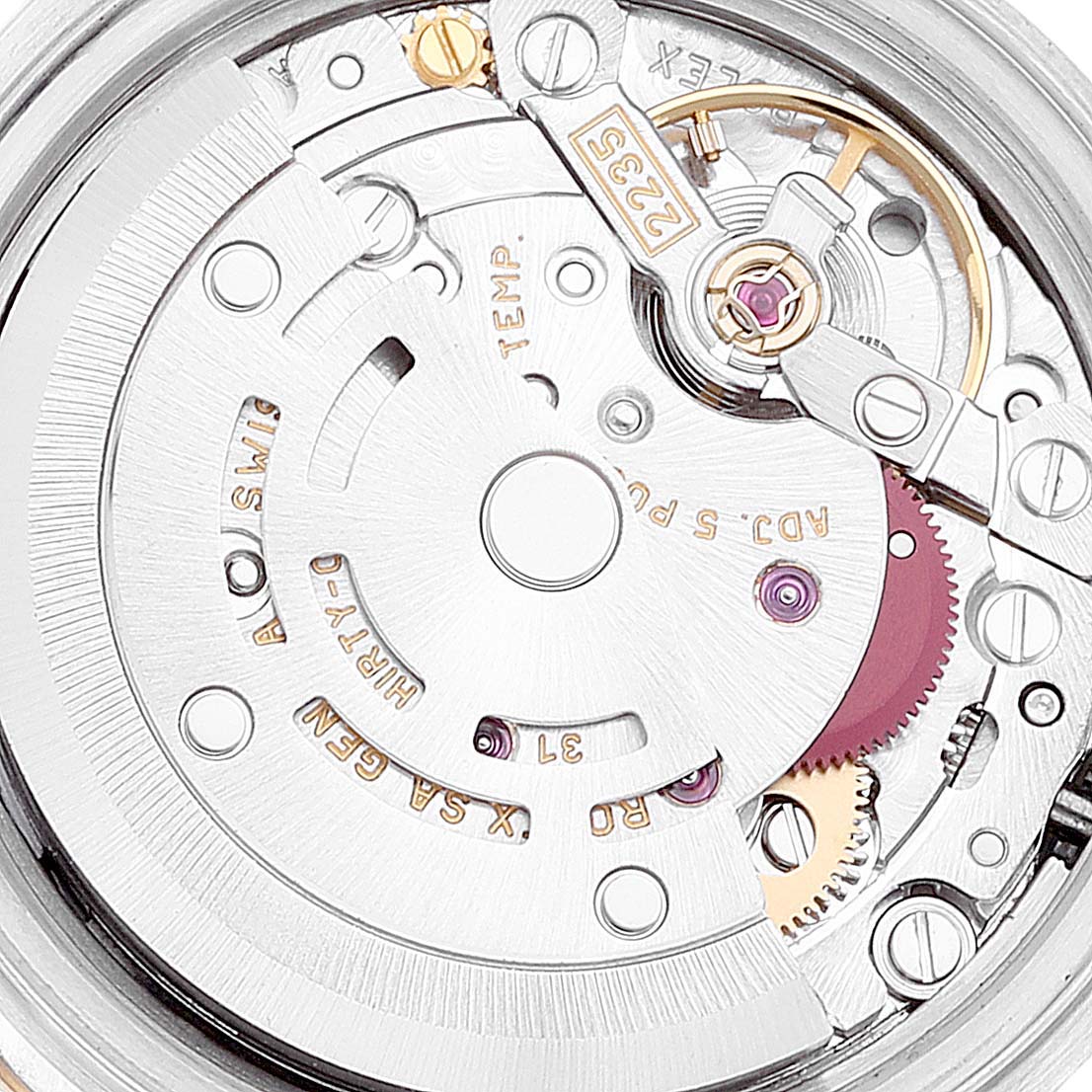 This image shows a close-up view of the internal mechanical movement of a Rolex Datejust 79173 Women
s Steel and Gold (two tone) White Dial 79173 Women
s Steel and Gold (two tone) White Dial watch.
