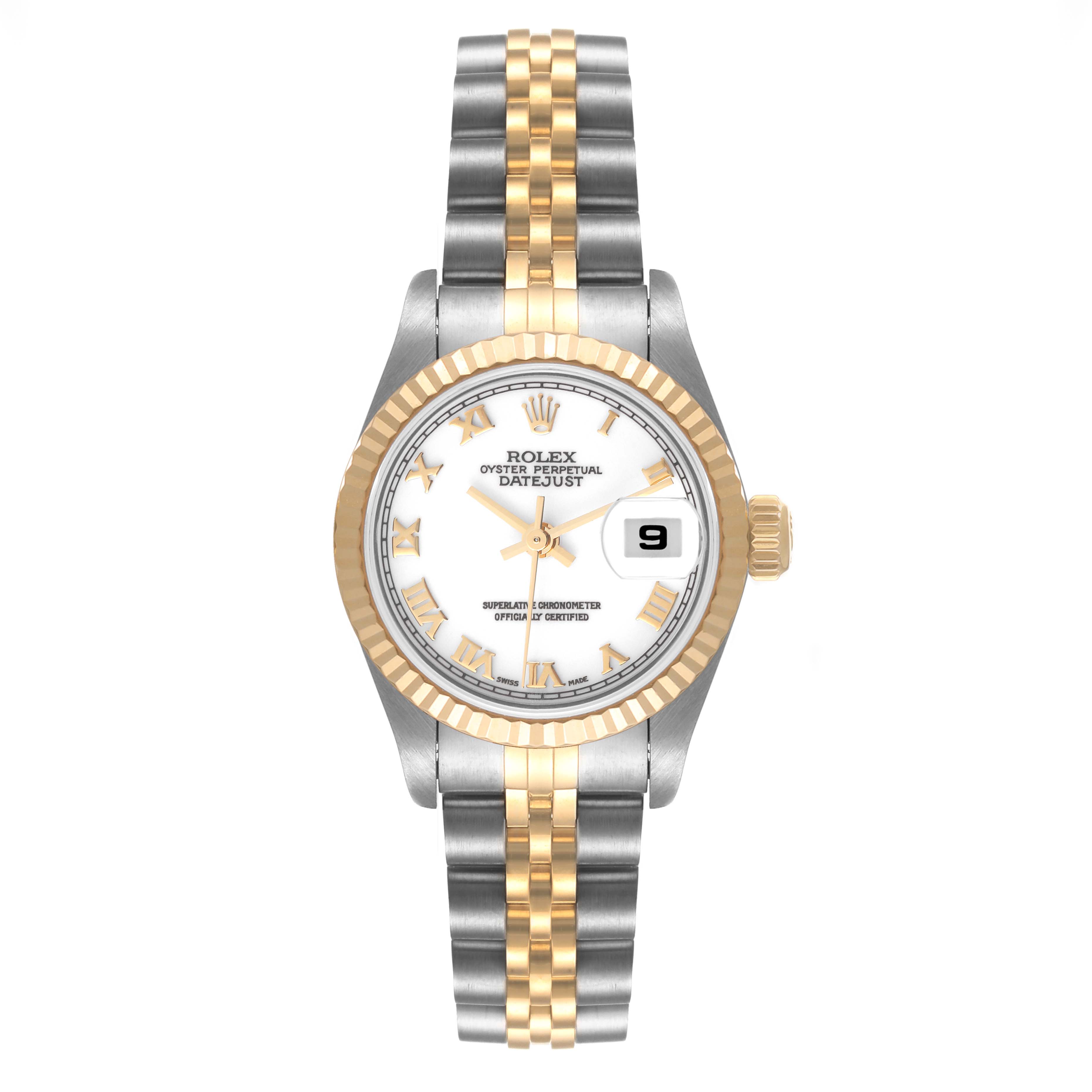 The image shows a front view of the Rolex Datejust 79173 Women
s Steel and Gold (two tone) White Dial 79173 Women
s Steel and Gold (two tone) White Dial watch, highlighting its face, bezel, and two-tone metal bracelet.