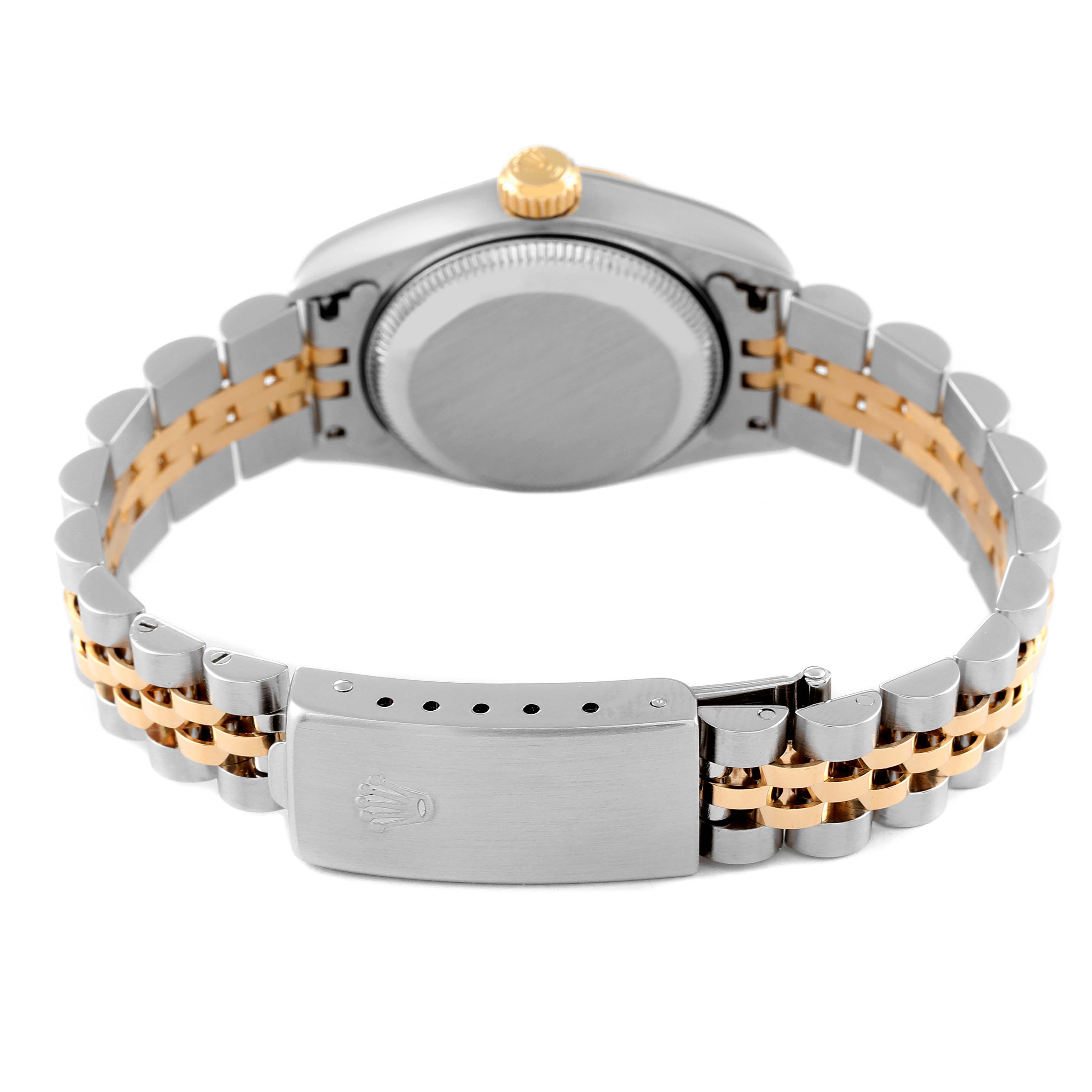 The image displays the back view of a Rolex Datejust 79173 Women
s Steel and Gold (two tone) White Dial 79173 Women
s Steel and Gold (two tone) White Dial watch, focusing on the clasp, bracelet, and case back.