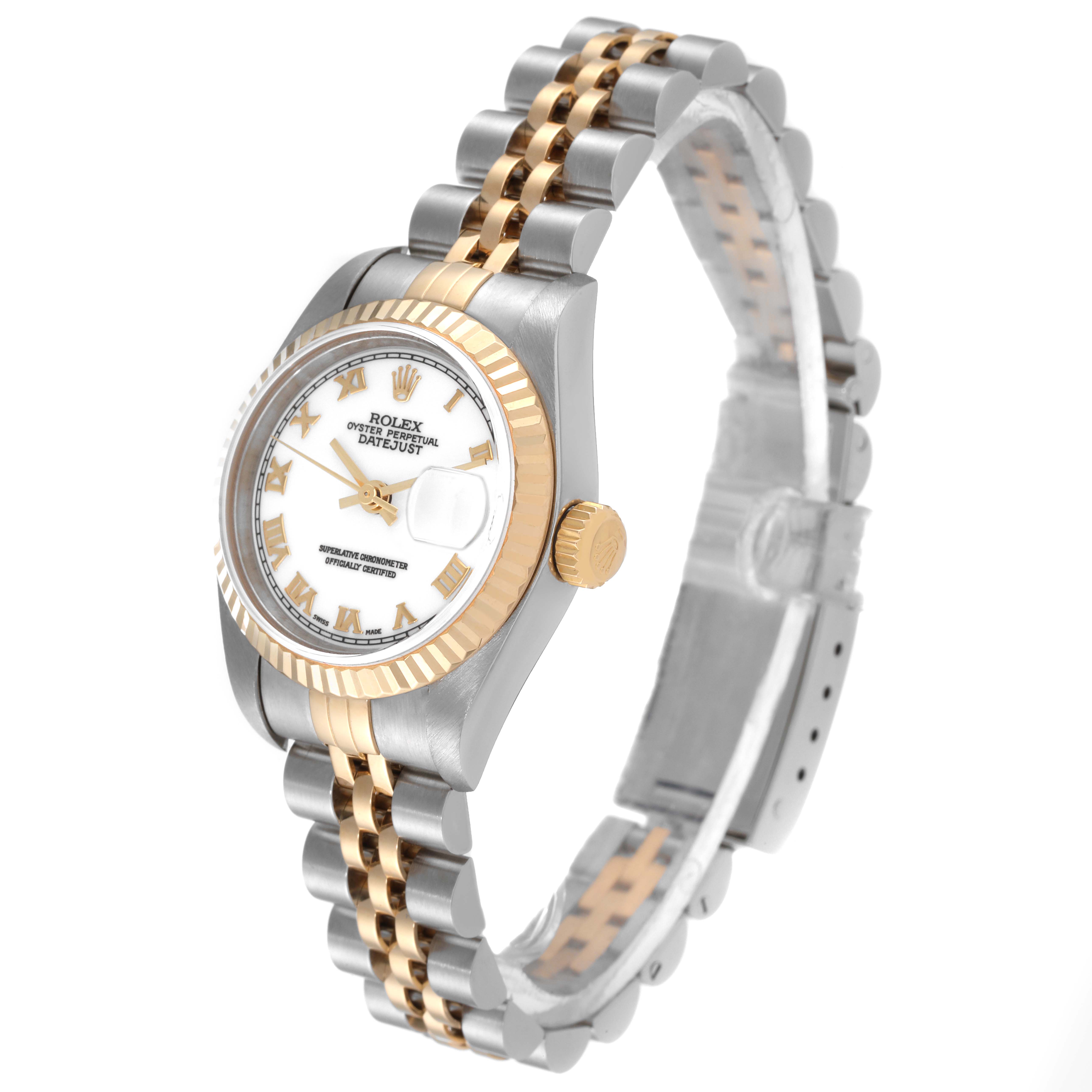 The Rolex Datejust 79173 Women
s Steel and Gold (two tone) White Dial 79173 Women
s Steel and Gold (two tone) White Dial model watch is shown at a slightly elevated angle, highlighting the dial, bezel, crown, and bracelet.