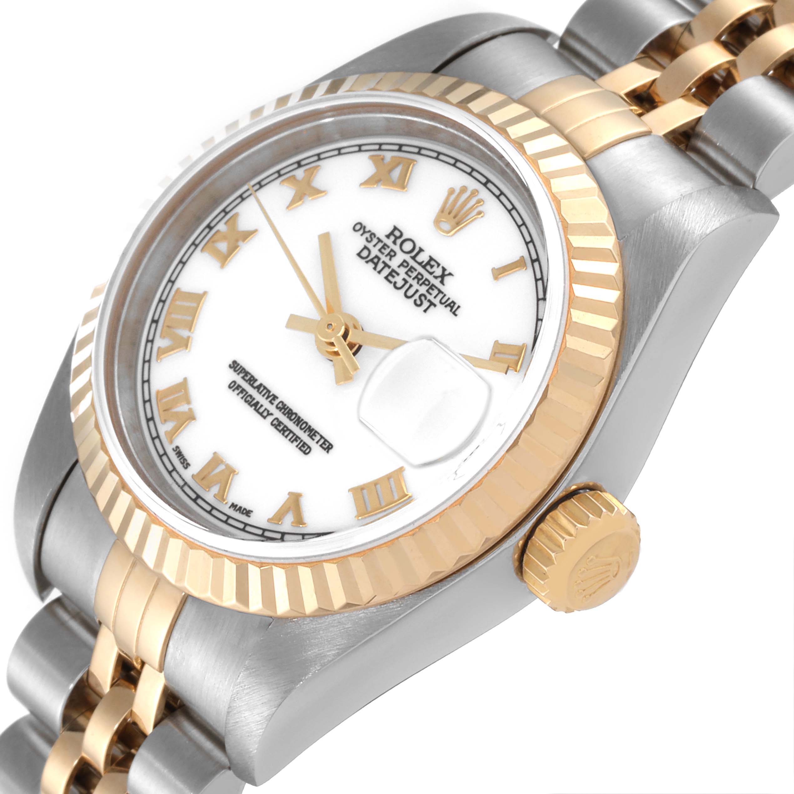 This image shows the dial, bezel, crown, and part of the bracelet of a Rolex Datejust 79173 Women
s Steel and Gold (two tone) White Dial 79173 Women
s Steel and Gold (two tone) White Dial watch at a slight angle.
