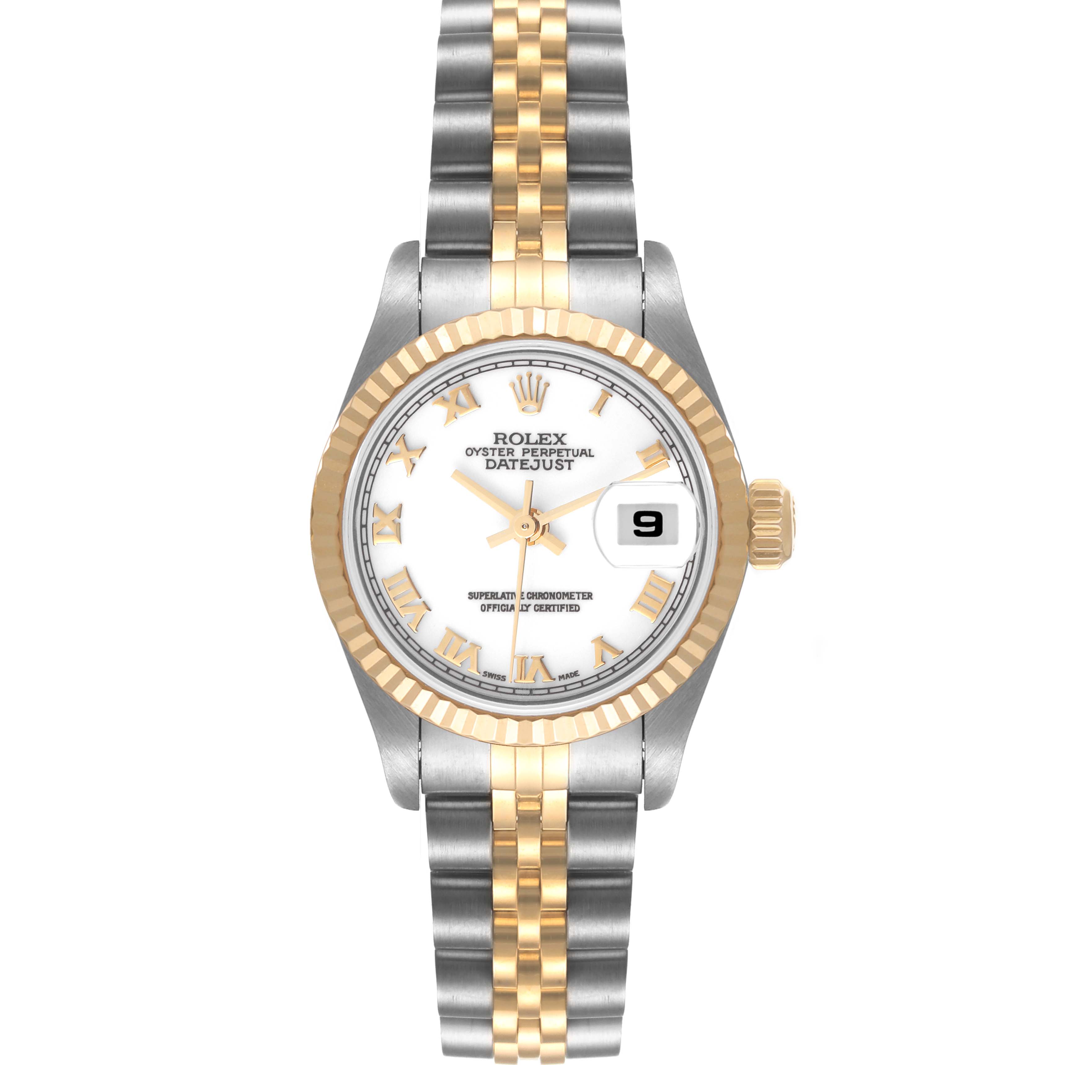 The image shows a front view of a Rolex Datejust 79173 Women
s Steel and Gold (two tone) White Dial 79173 Women
s Steel and Gold (two tone) White Dial watch, displaying the dial, bezel, crown, and bracelet.