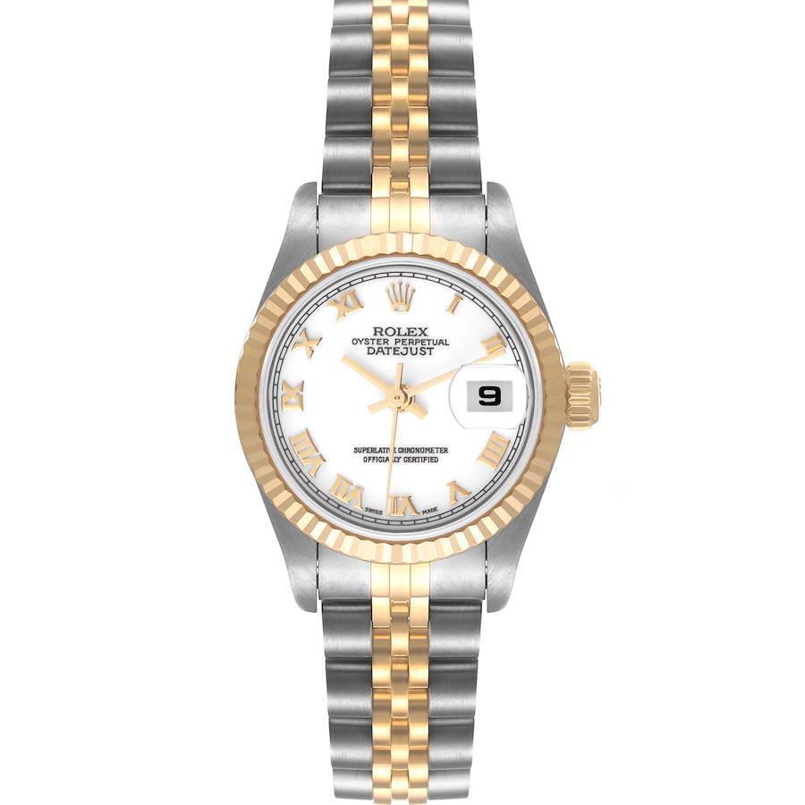 The image shows a front view of a Rolex Datejust watch, displaying the dial, bezel, crown, and bracelet.