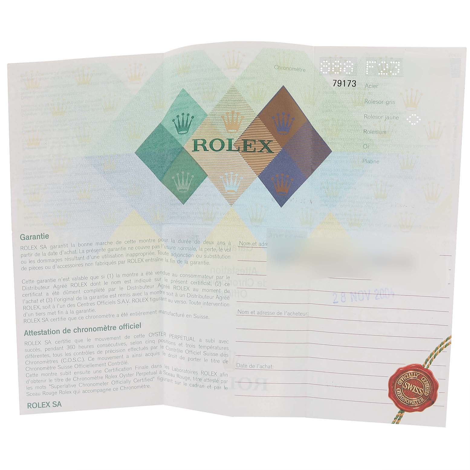 The image shows the warranty certificate for the Rolex Datejust 79173 Women
s Steel and Gold (two tone) White Dial 79173 Women
s Steel and Gold (two tone) White Dial model.