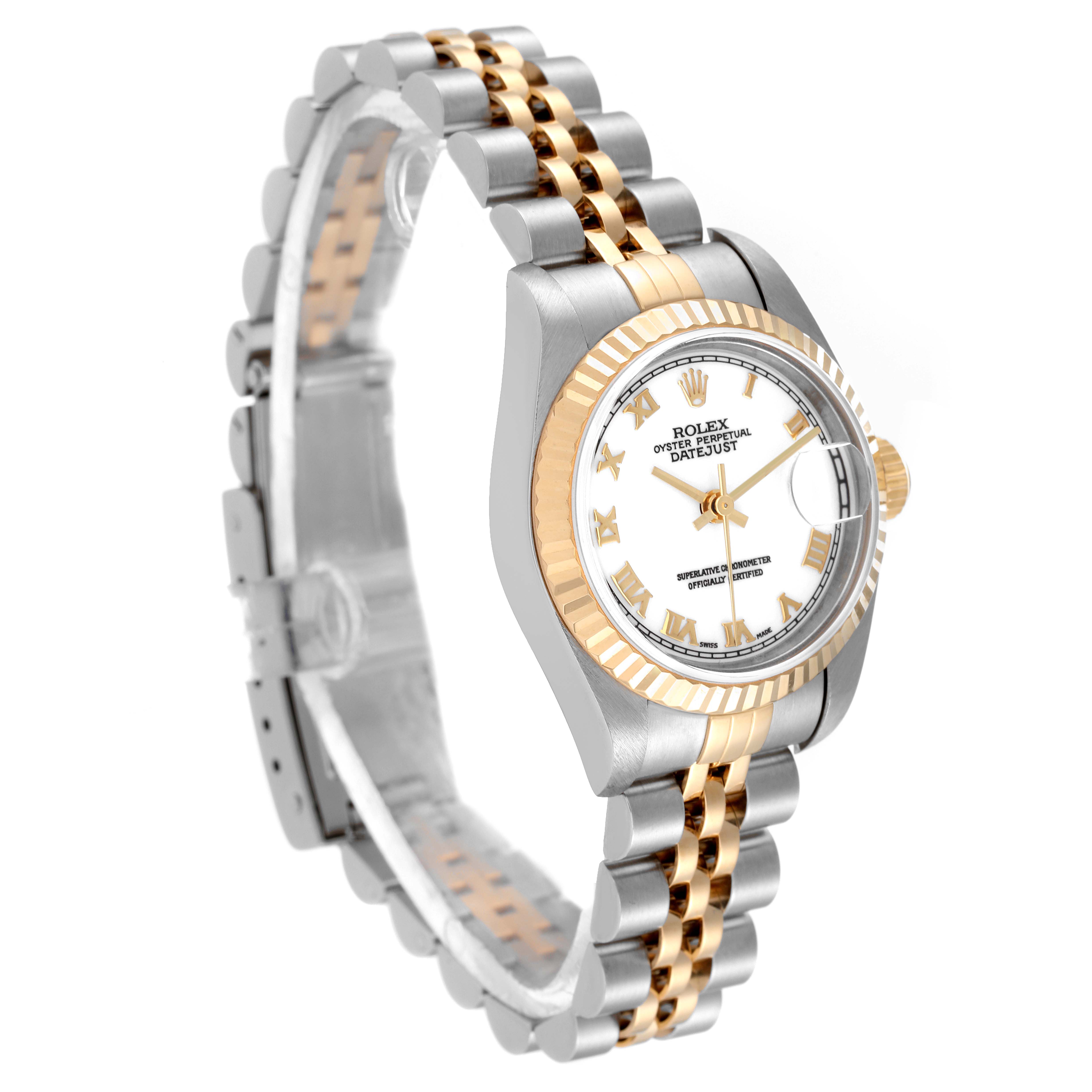 The Rolex Datejust 79173 Women
s Steel and Gold (two tone) White Dial 79173 Women
s Steel and Gold (two tone) White Dial watch is shown at a three-quarter angle, displaying the dial, case, and bracelet.