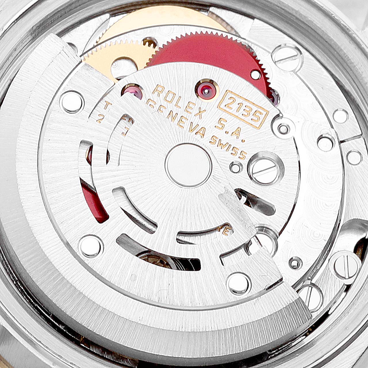 This image shows the inner mechanical movement of a Rolex Datejust 69173 Women's Steel and Gold (two tone) Champagne Dial 69173 Women's Steel and Gold (two tone) Champagne Dial watch from a close-up top angle.